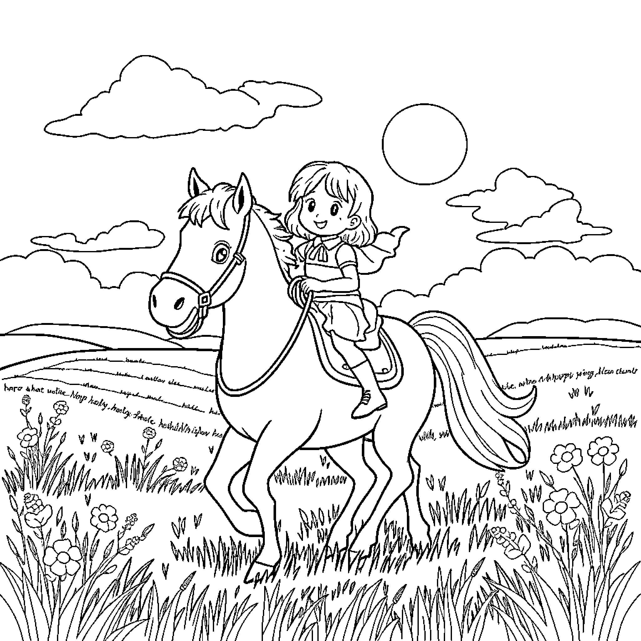 Girl riding joyfully on a horse in a picturesque landscape Coloring Page (free black-and-white line drawing printable PDF for all, from beginners to advanced learners, including children, teens, adults, and seniors)