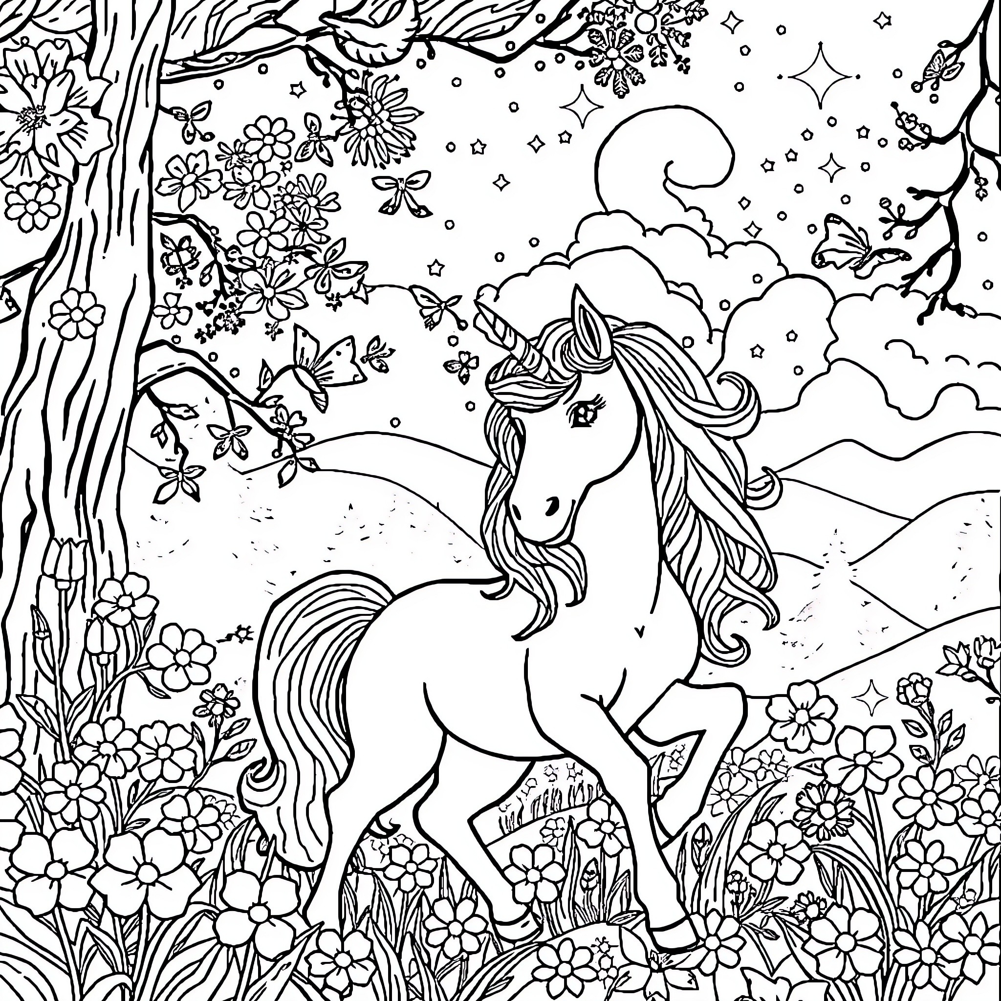 Unicorn frolicking in enchanted woodland Coloring Page (free black-and-white line drawing printable PDF for all, from beginners to advanced learners, including children, teens, adults, and seniors)