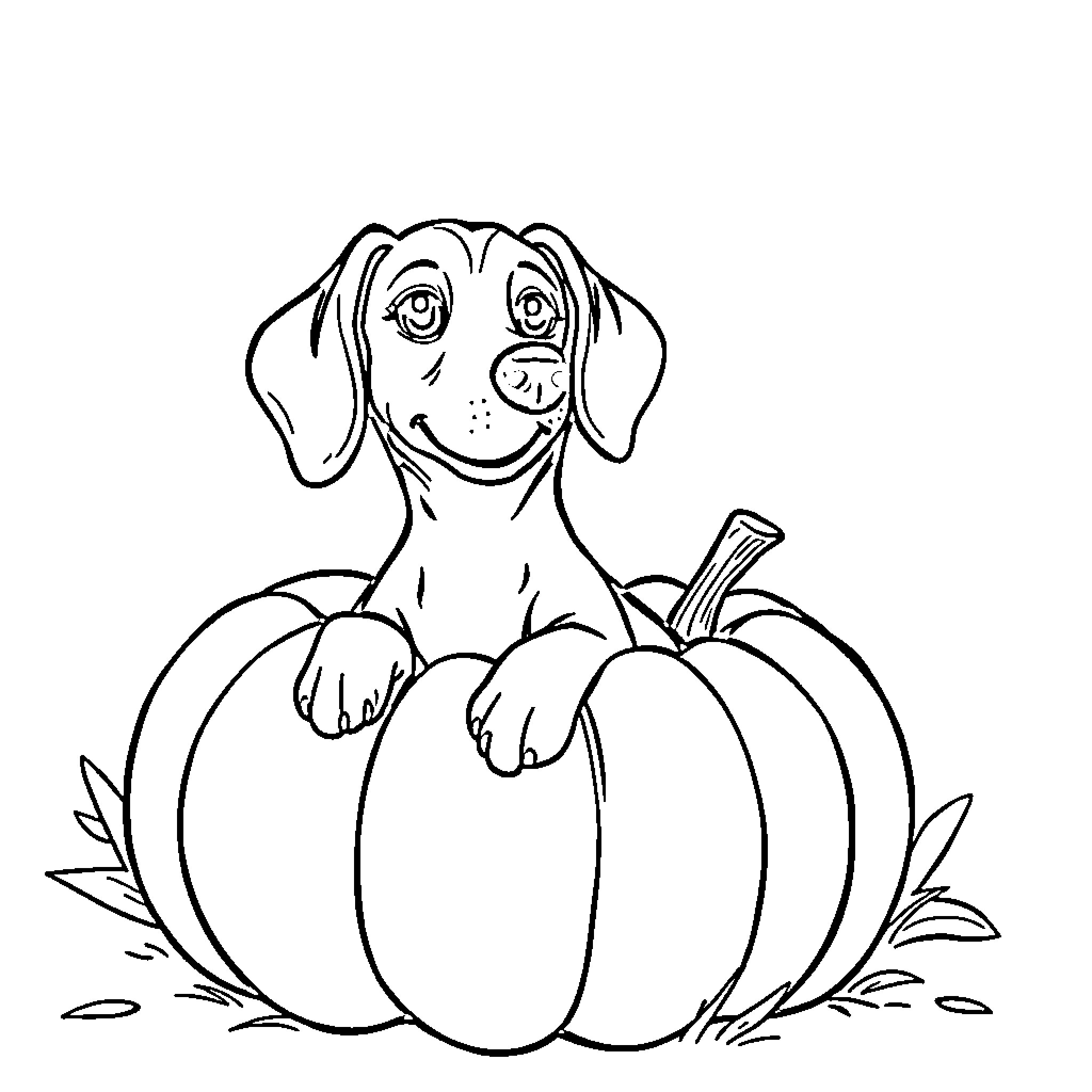 Wiener Dog sitting on pumpkins Coloring Page (free black-and-white line drawing printable PDF for all, from beginners to advanced learners, including children, teens, adults, and seniors)