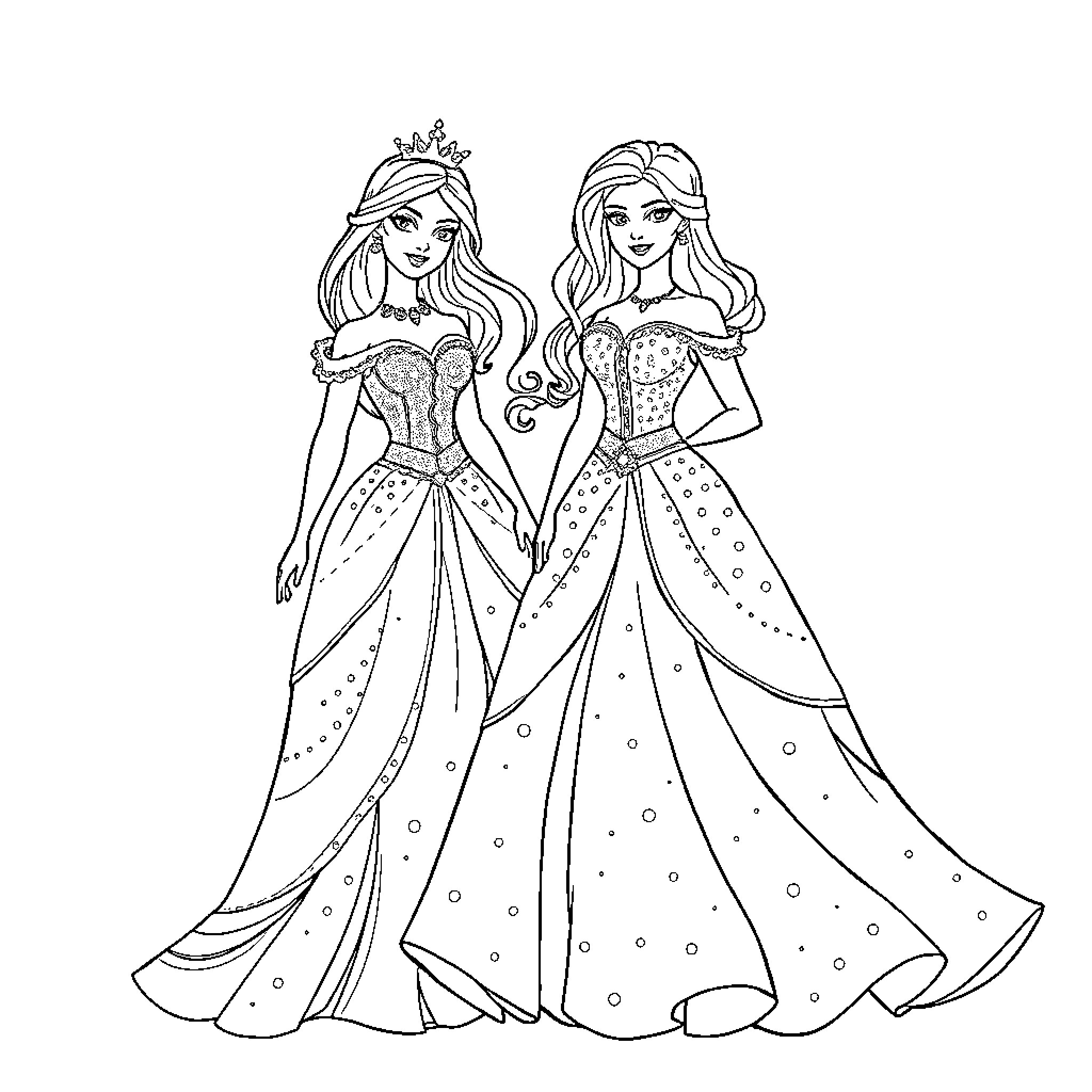 Princesses in Ornate Ball Gowns Coloring Page (free black-and-white line drawing printable PDF for all, from beginners to advanced learners, including children, teens, adults, and seniors)