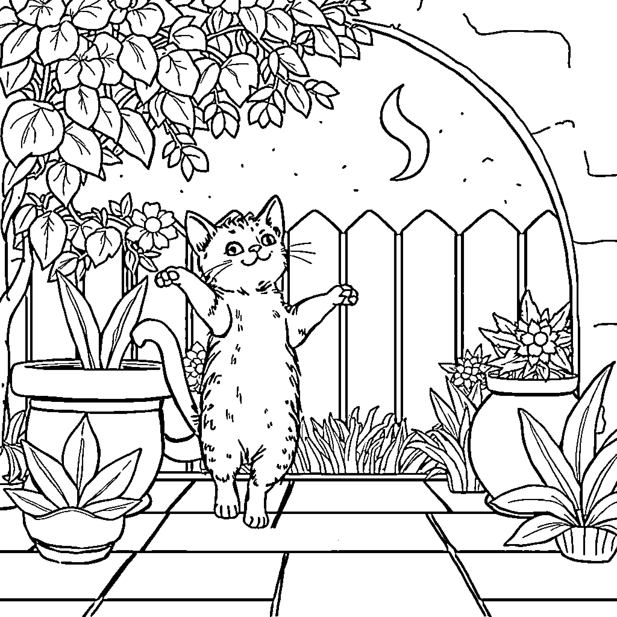 Gatito exploring a charming garden setting Coloring Page (free black-and-white line drawing printable PDF for all, from beginners to advanced learners, including children, teens, adults, and seniors)