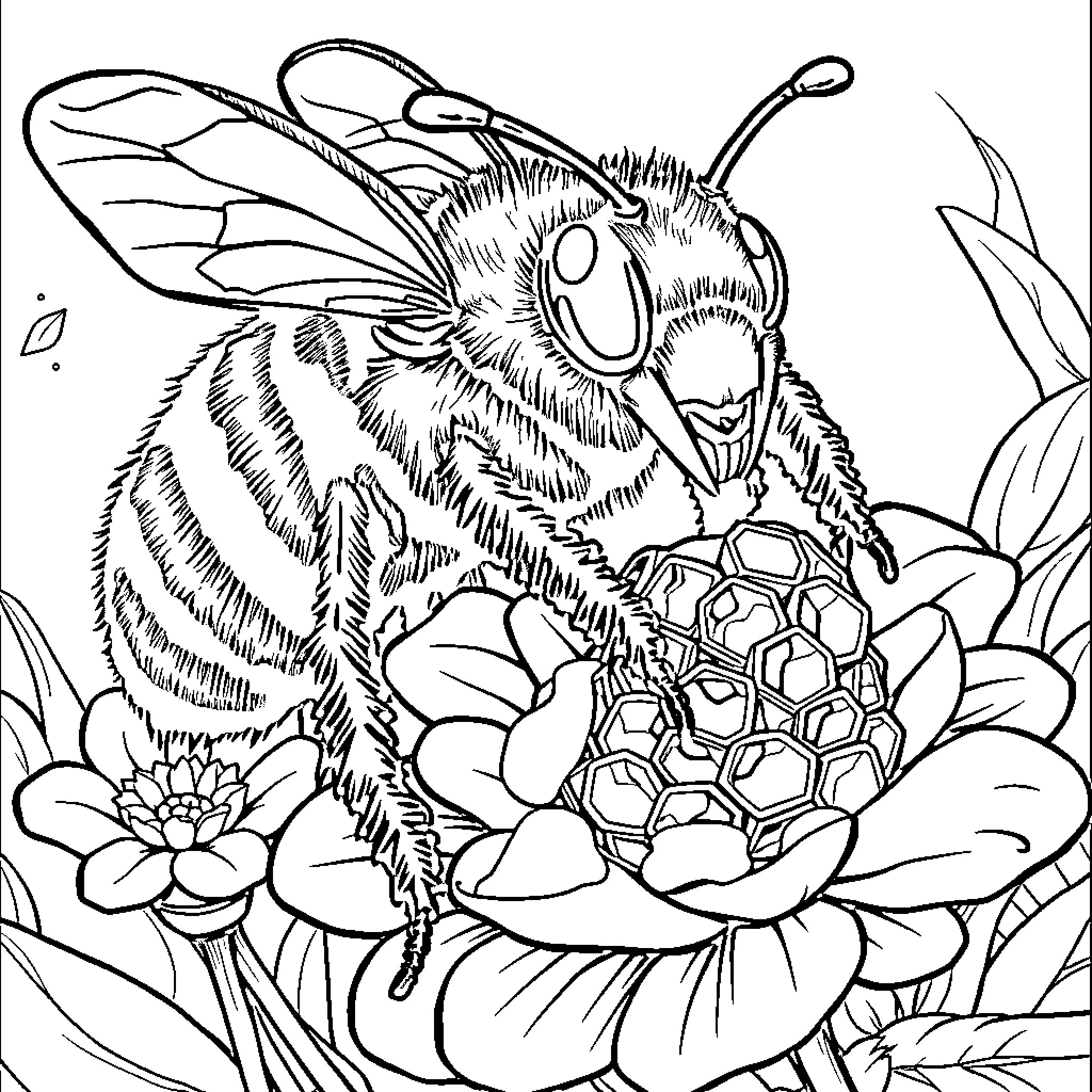 Bee pollinating a colorful flower garden Coloring Page (free black-and-white line drawing printable PDF for all, from beginners to advanced learners, including children, teens, adults, and seniors)