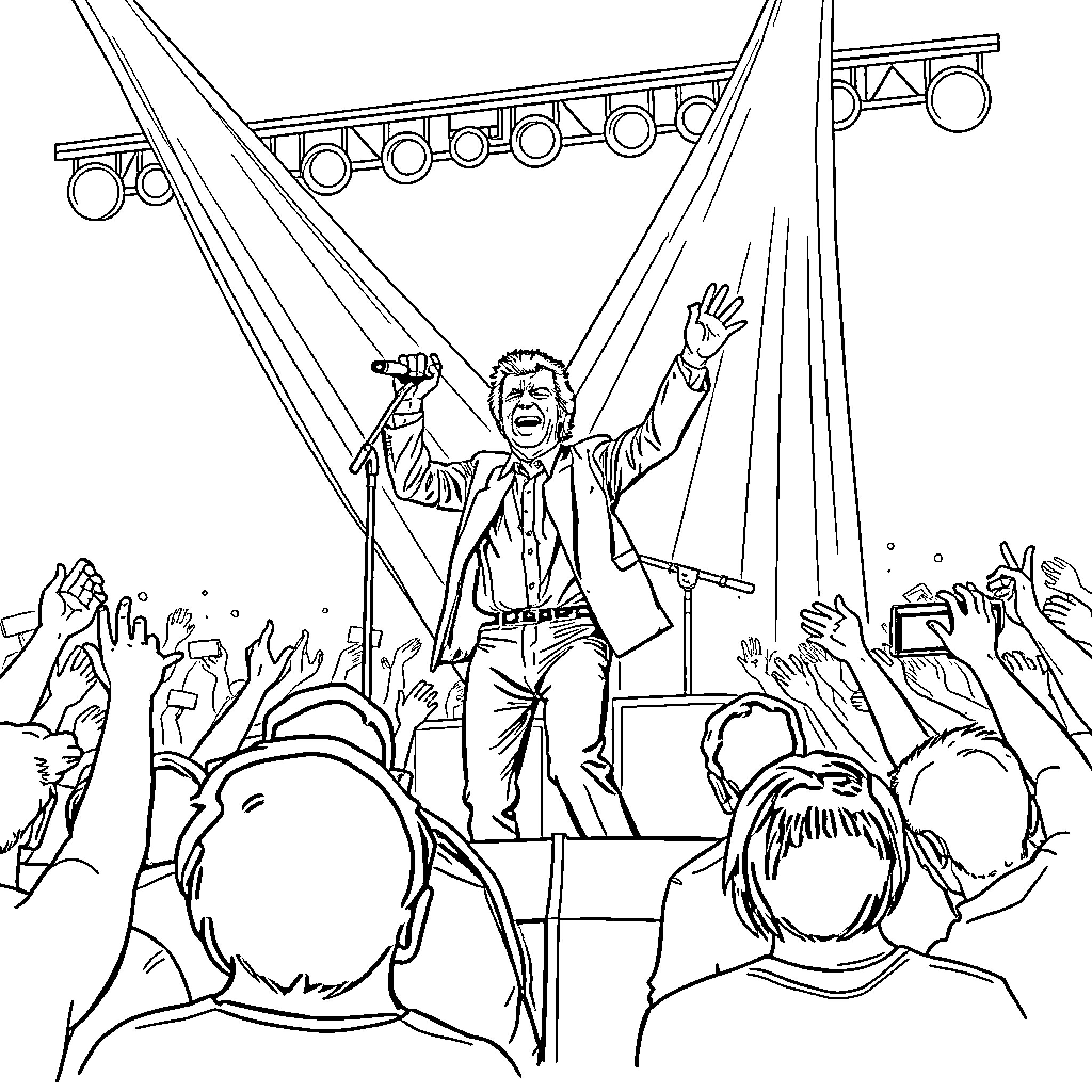 Cliff Richard Performing on Stage in Front of Cheering Crowd Coloring Page (free black-and-white line drawing printable PDF for all, from beginners to advanced learners, including children, teens, adults, and seniors)