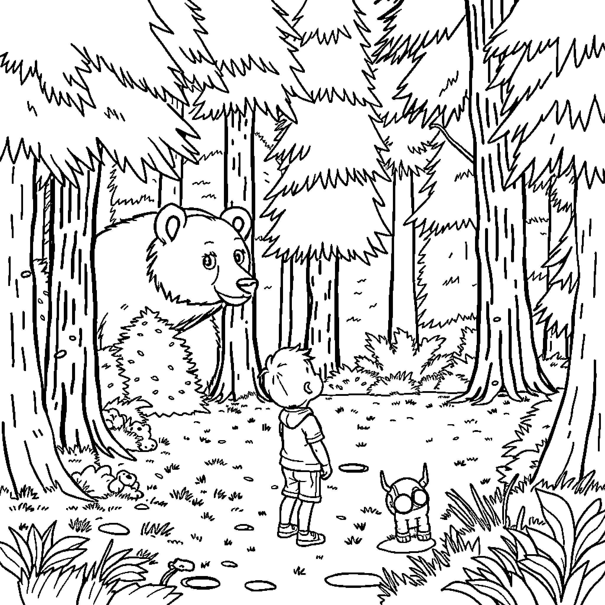 Kid exploring the enchanted forest with animal friends Coloring Page (free black-and-white line drawing printable PDF for all, from beginners to advanced learners, including children, teens, adults, and seniors)