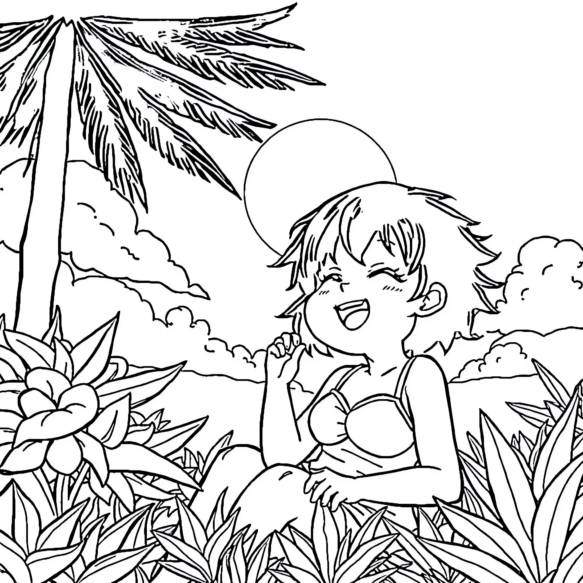 Shinobu enjoying the scenic tropical landscape Coloring Page (free black-and-white line drawing printable PDF for all, from beginners to advanced learners, including children, teens, adults, and seniors)