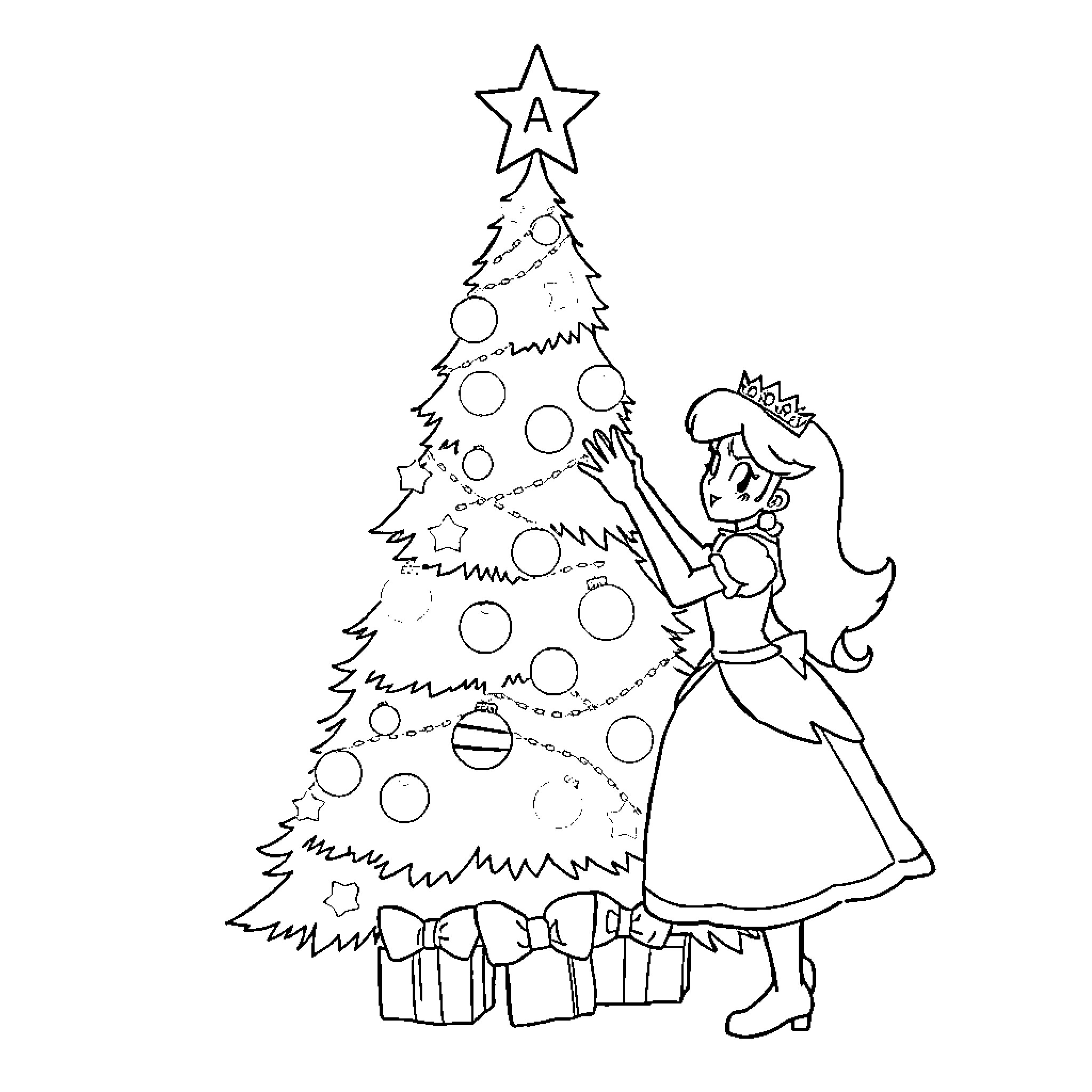Princess Decorating Christmas Tree with Joy Coloring Page (free black-and-white line drawing printable PDF for all, from beginners to advanced learners, including children, teens, adults, and seniors)
