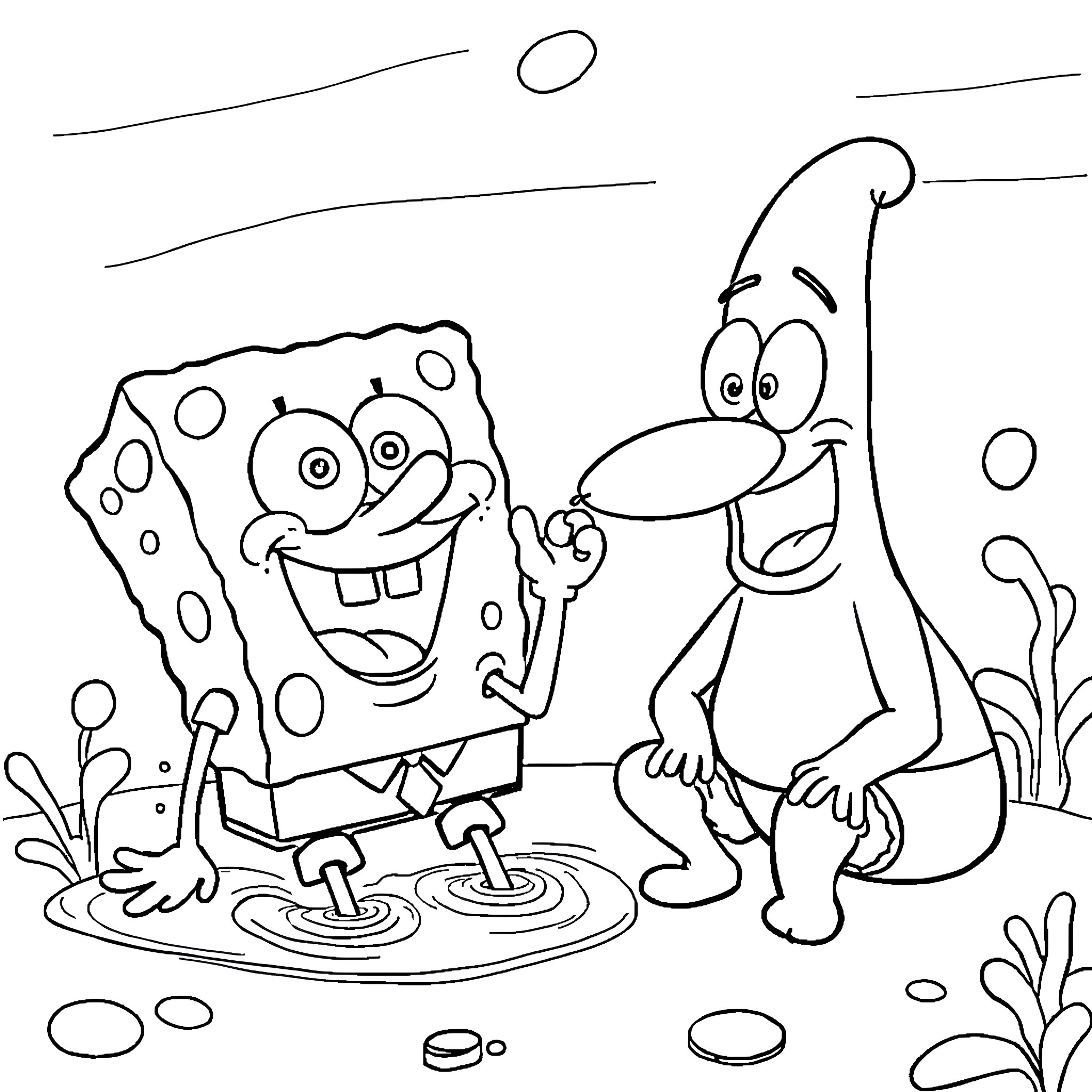 Spongebob and friend playing in the ocean Coloring Page (free black-and-white line drawing printable PDF for all, from beginners to advanced learners, including children, teens, adults, and seniors)