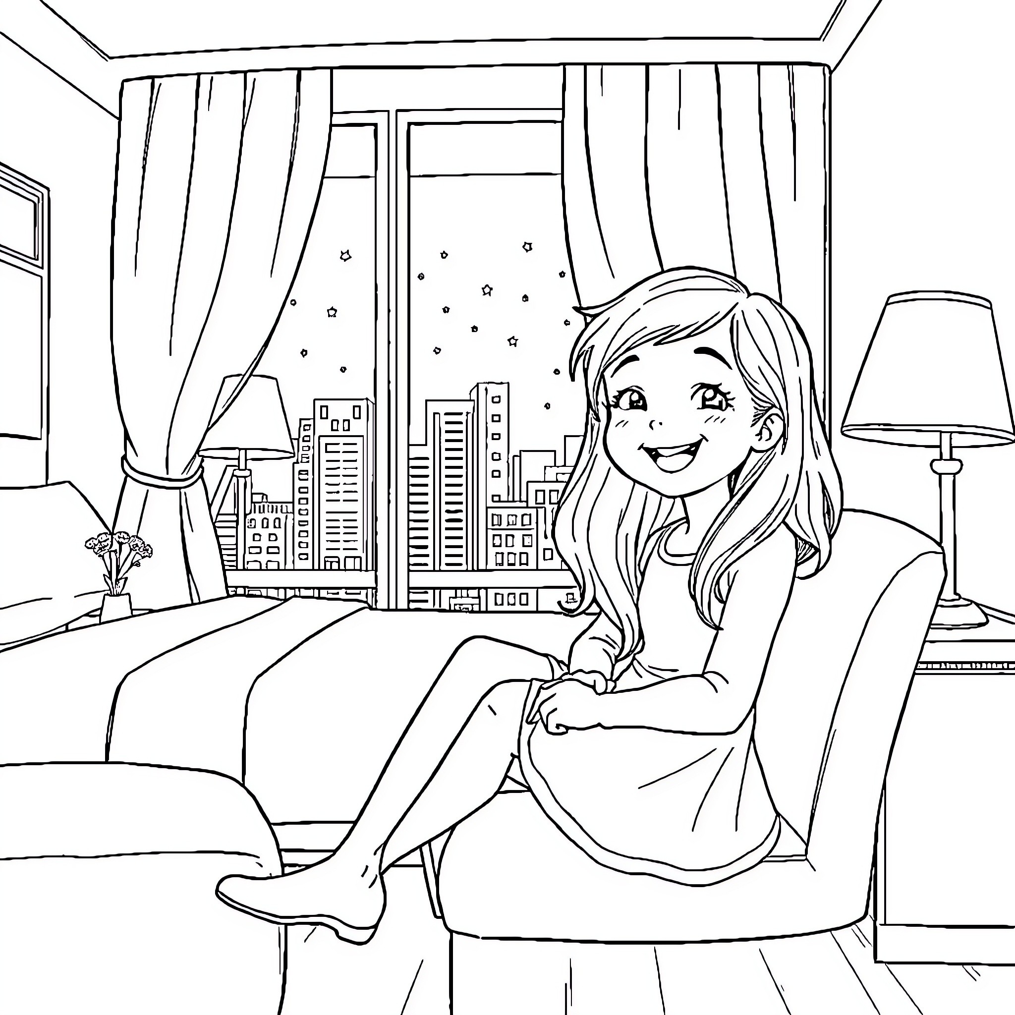Teenieping's cozy night at home Coloring Page (free black-and-white line drawing printable PDF for all, from beginners to advanced learners, including children, teens, adults, and seniors)