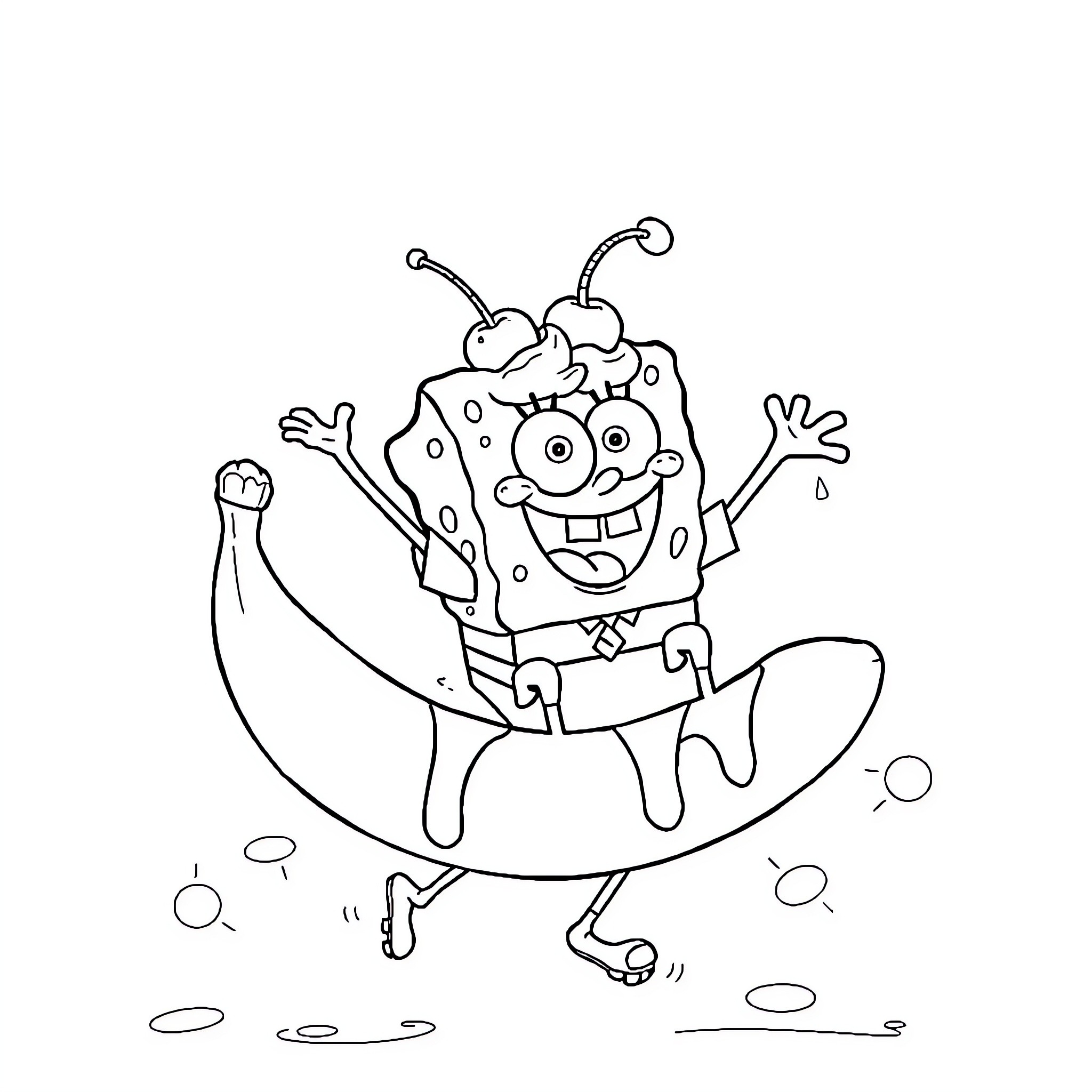 Spongebob jumping happily on a trampoline Coloring Page (free black-and-white line drawing printable PDF for all, from beginners to advanced learners, including children, teens, adults, and seniors)