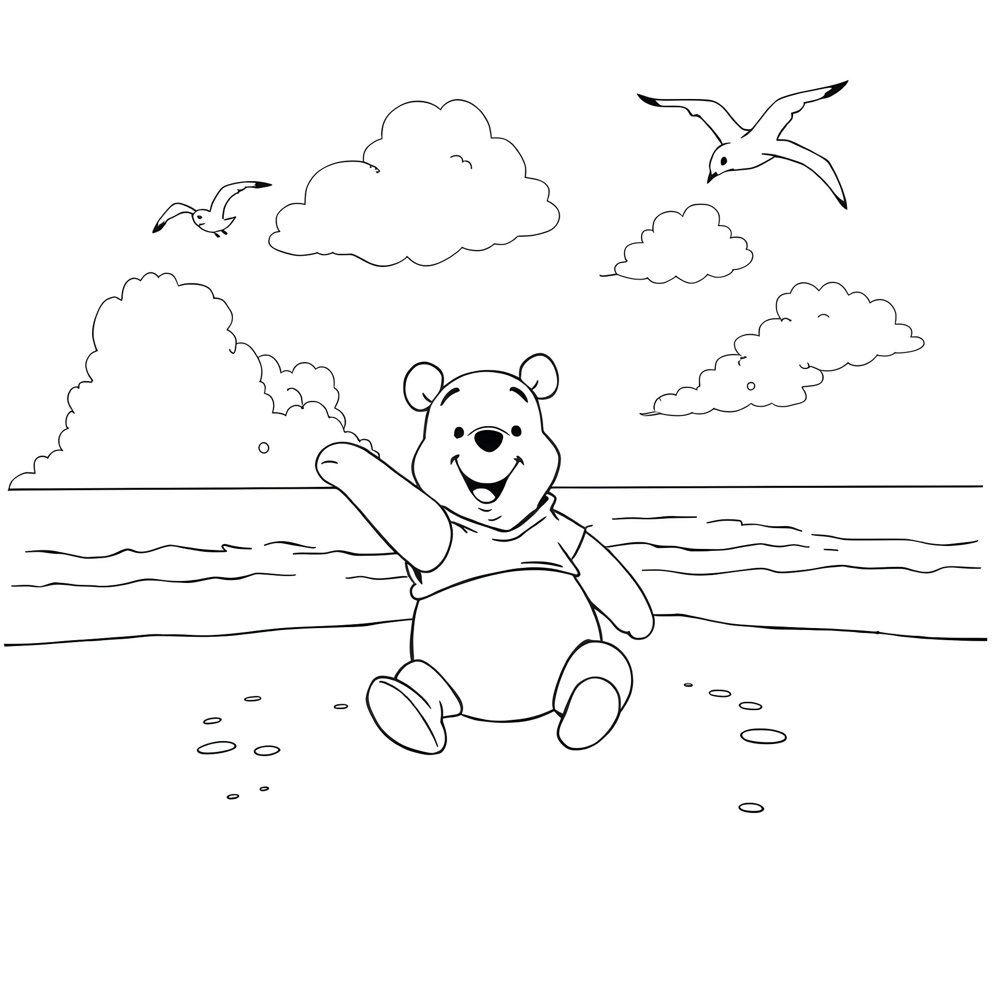Winnie The Pooh playing happily on the beach Coloring Page (free black-and-white line drawing printable PDF for all, from beginners to advanced learners, including children, teens, adults, and seniors)