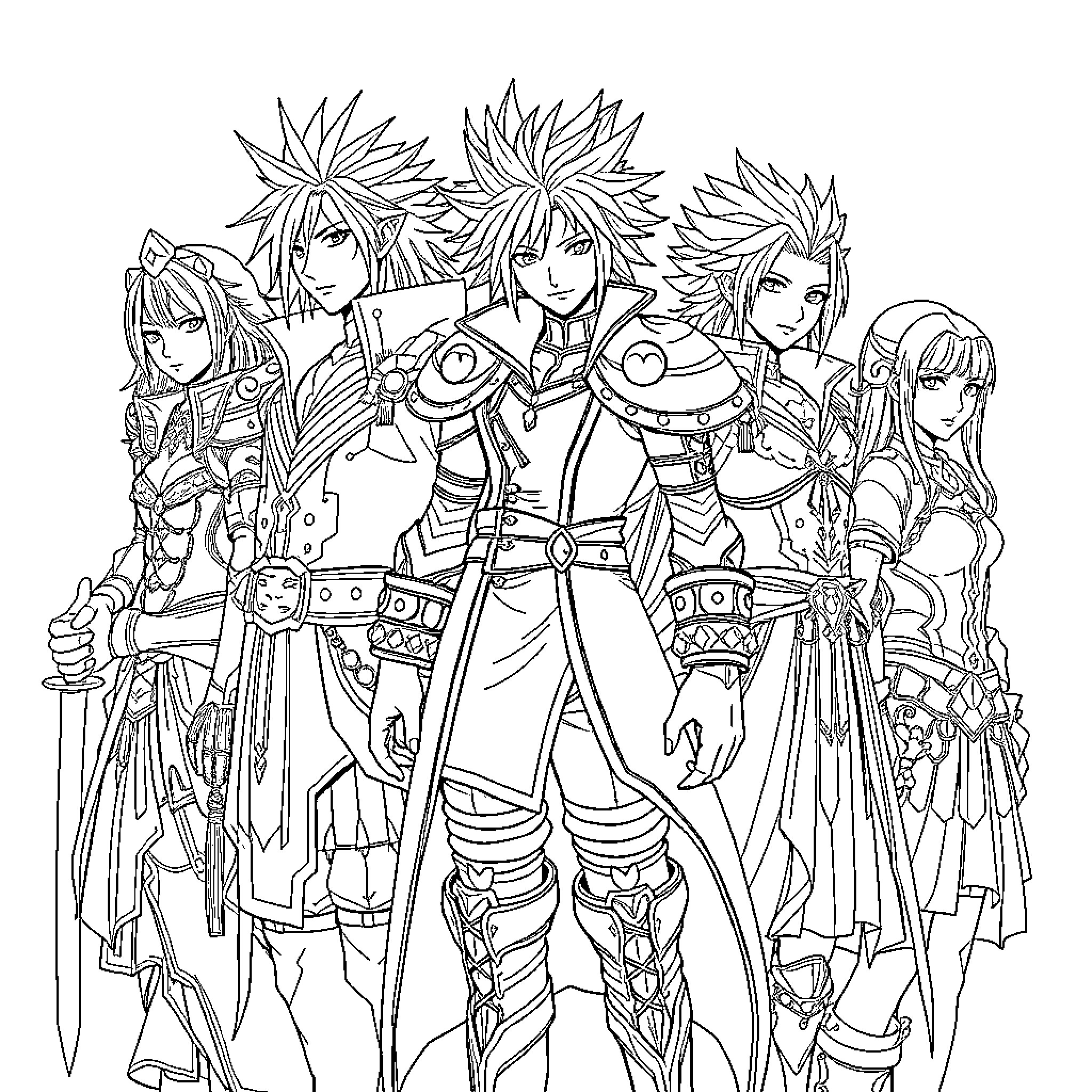 Final Fantasy Character Group Posing Together Coloring Page (free black-and-white line drawing printable PDF for all, from beginners to advanced learners, including children, teens, adults, and seniors)