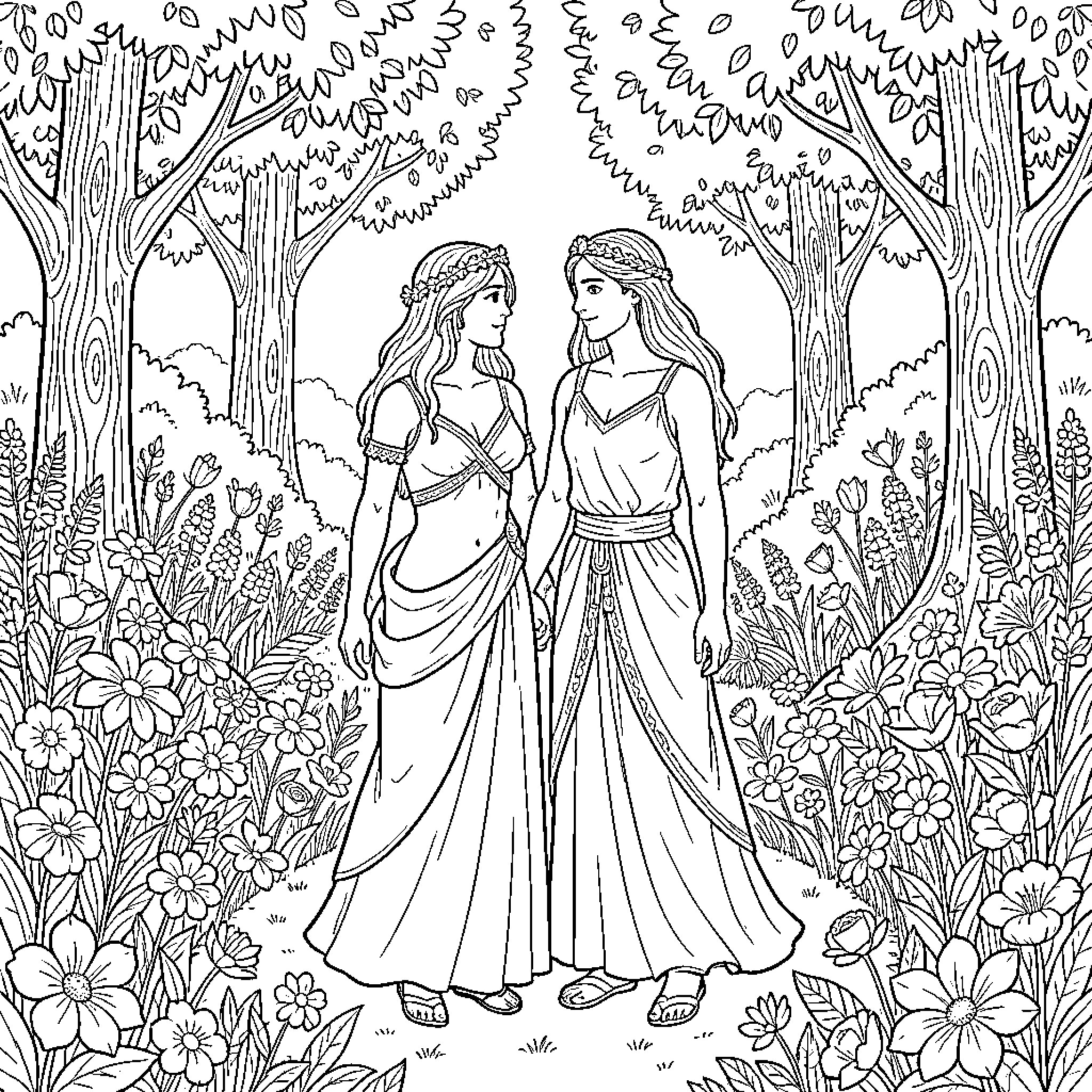 Adam and Eve strolling amidst the enchanting flora Coloring Page (free black-and-white line drawing printable PDF for all, from beginners to advanced learners, including children, teens, adults, and seniors)