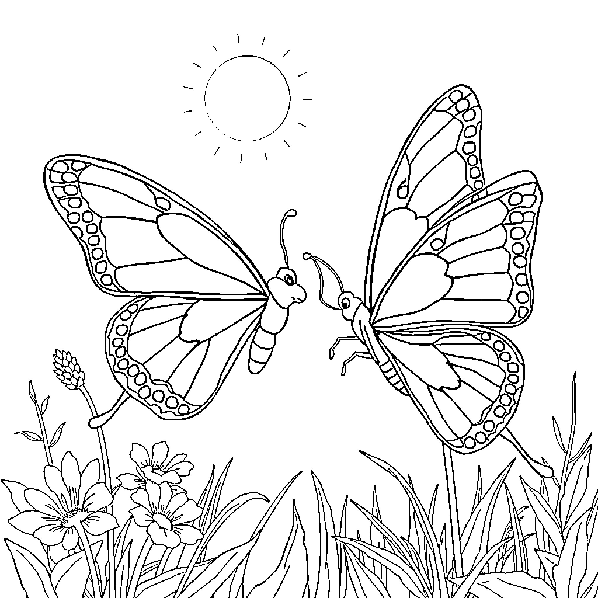 Butterfly soaring in the sunlight above flowers Coloring Page (free black-and-white line drawing printable PDF for all, from beginners to advanced learners, including children, teens, adults, and seniors)
