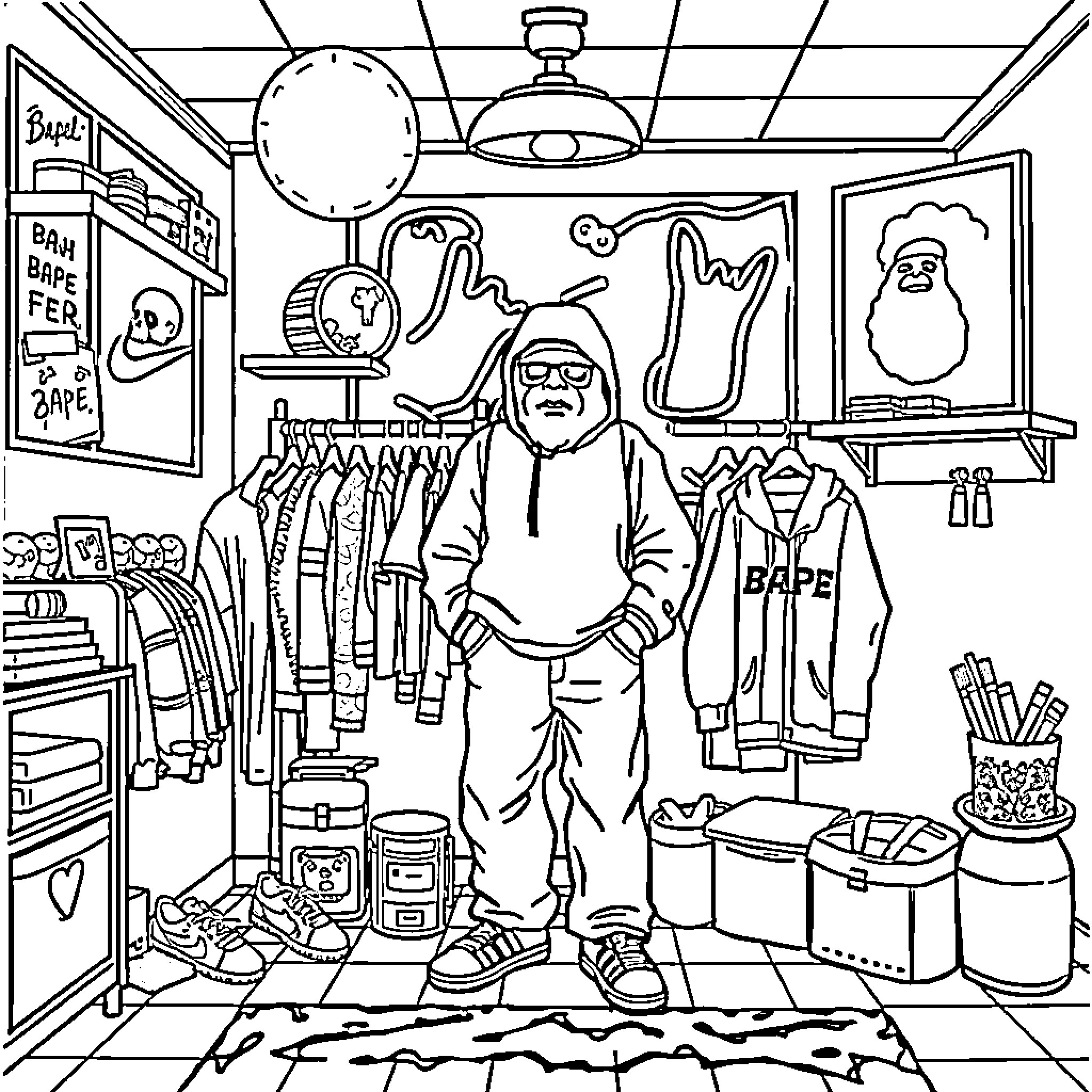 Bape fashion store interior with mannequin display Coloring Page (free black-and-white line drawing printable PDF for all, from beginners to advanced learners, including children, teens, adults, and seniors)