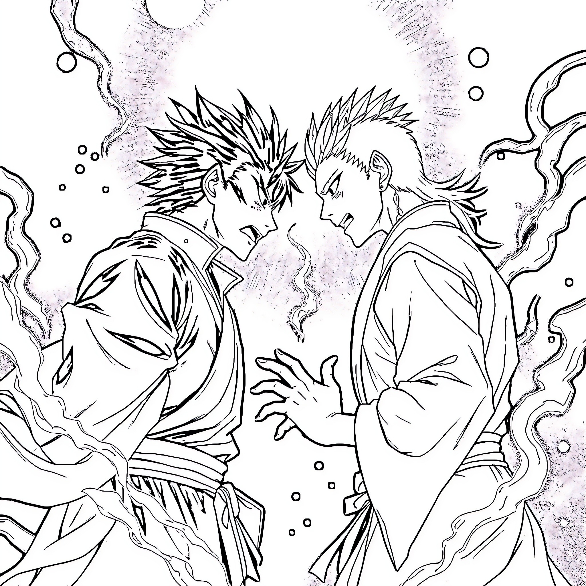 Jujutsu Kaisen - Powerful Figures in Intense Confrontation Coloring Page (free black-and-white line drawing printable PDF for all, from beginners to advanced learners, including children, teens, adults, and seniors)