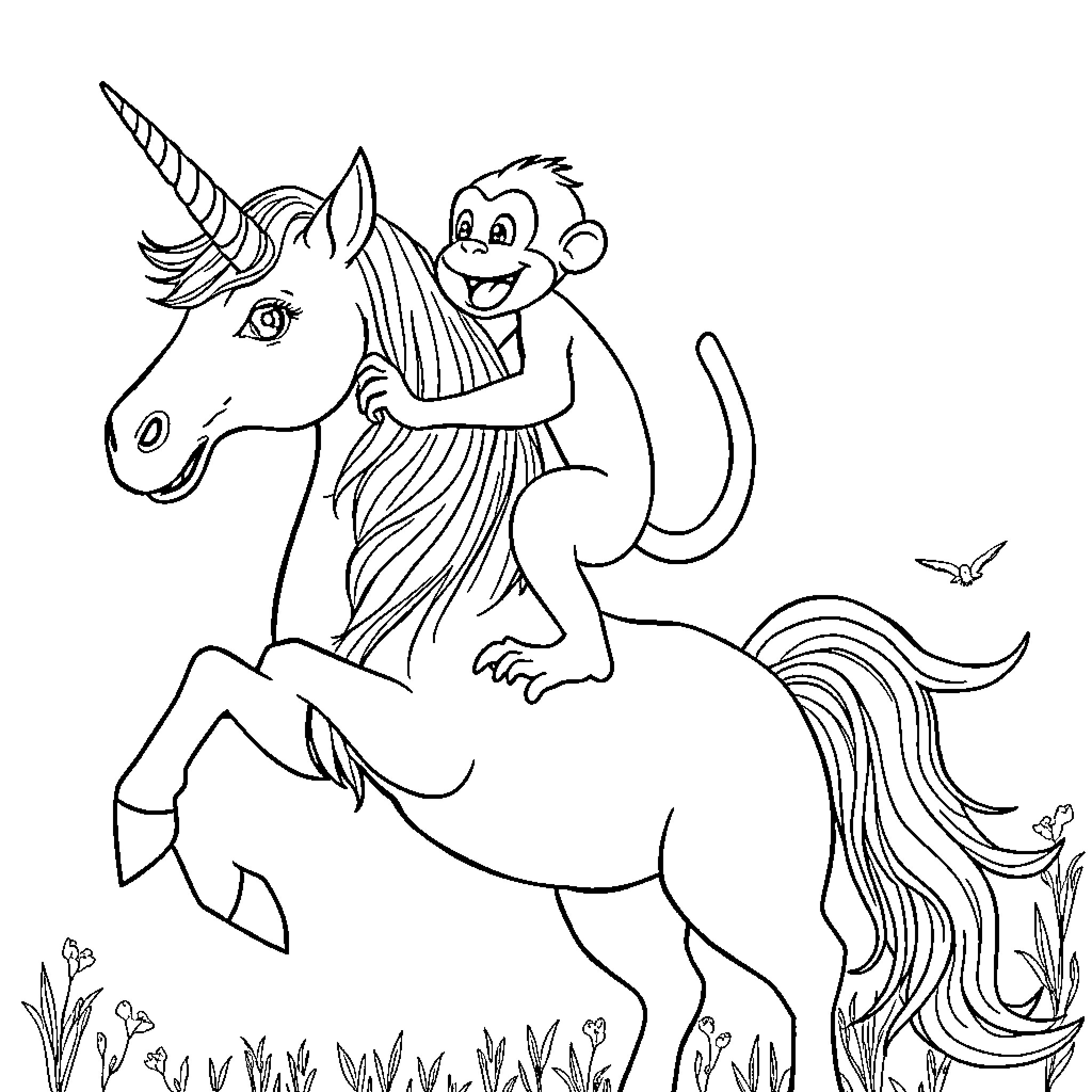 Monkey riding a magical unicorn Coloring Page (free black-and-white line drawing printable PDF for all, from beginners to advanced learners, including children, teens, adults, and seniors)
