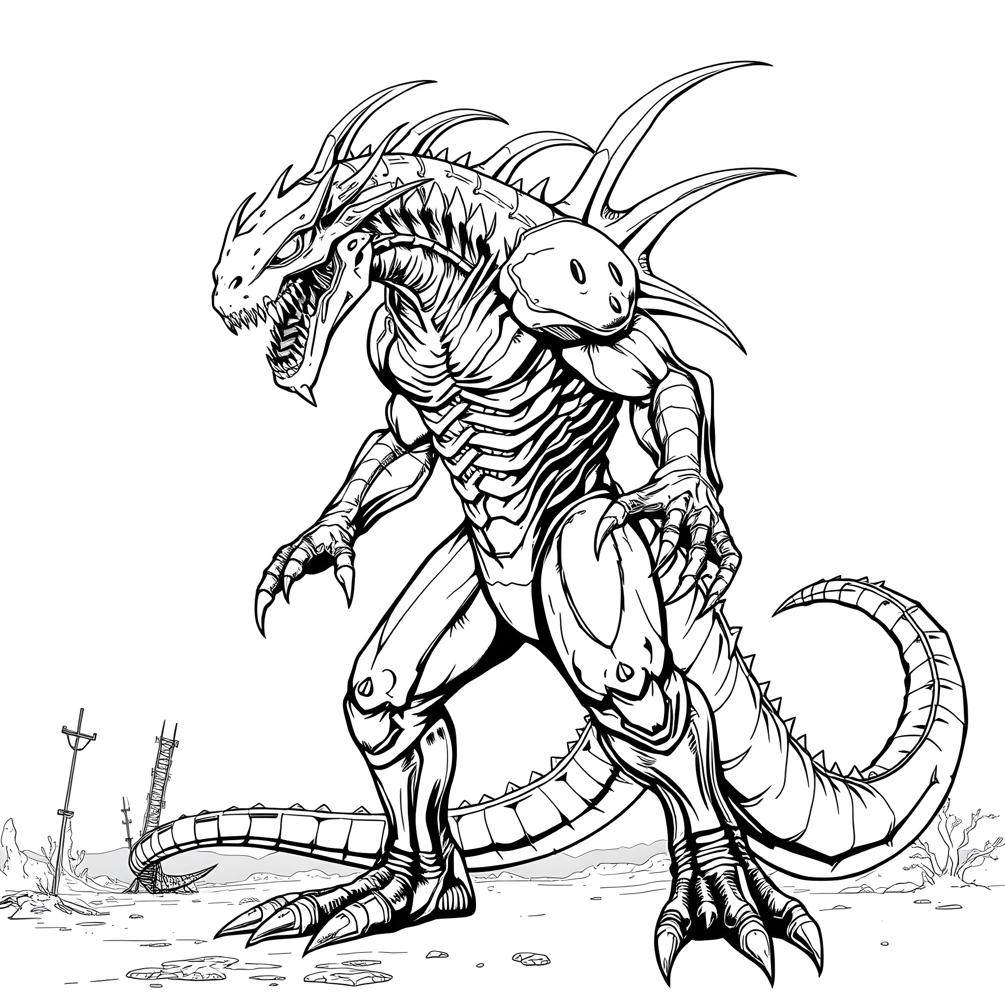 Nemesis - Ferocious beast with mechanical limbs Coloring Page (free black-and-white line drawing printable PDF for all, from beginners to advanced learners, including children, teens, adults, and seniors)