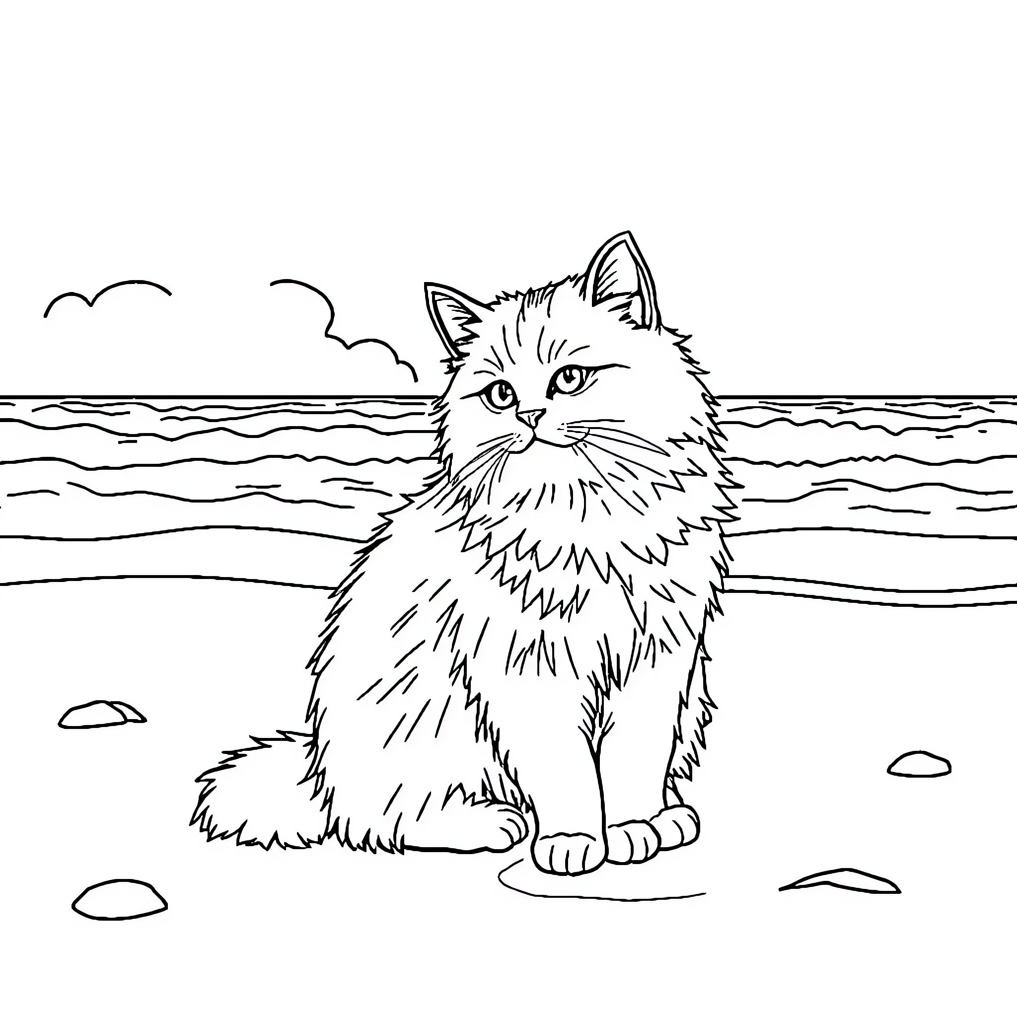 Cat enjoying the scenic ocean view Coloring Page (free black-and-white line drawing printable PDF for all, from beginners to advanced learners, including children, teens, adults, and seniors)