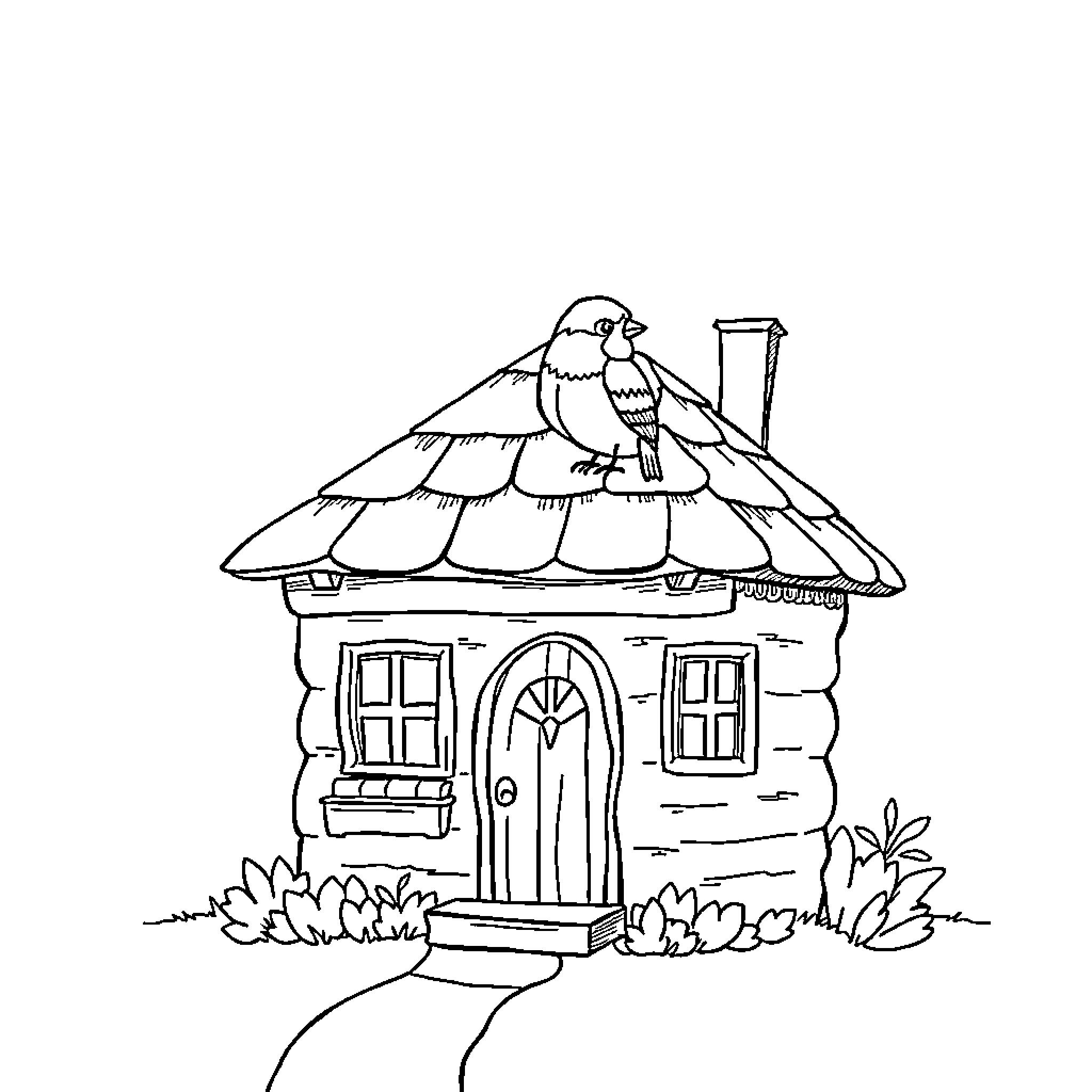 House with bird perched on thatched roof Coloring Page (free black-and-white line drawing printable PDF for all, from beginners to advanced learners, including children, teens, adults, and seniors)