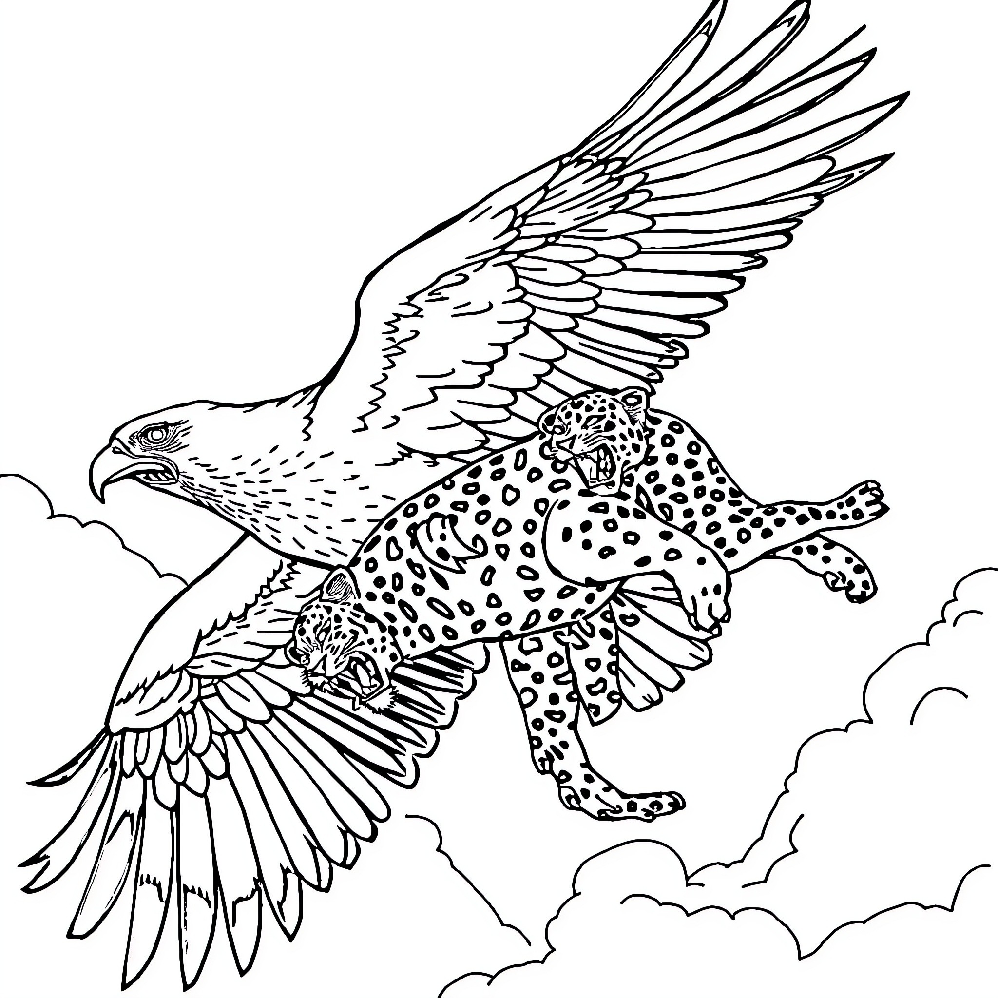 Hawk soaring through the clouds with a leopard Coloring Page (free black-and-white line drawing printable PDF for all, from beginners to advanced learners, including children, teens, adults, and seniors)