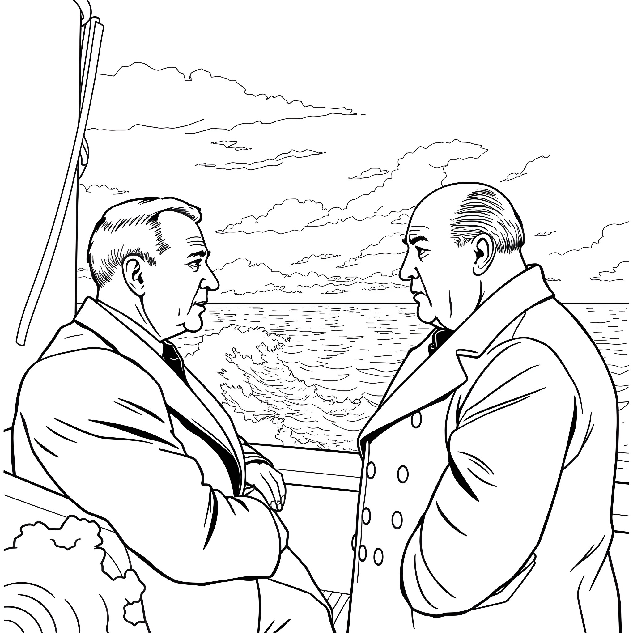 Franklin Roosevelt and an Unidentified Man in Conversation by the Sea Coloring Page (free black-and-white line drawing printable PDF for all, from beginners to advanced learners, including children, teens, adults, and seniors)