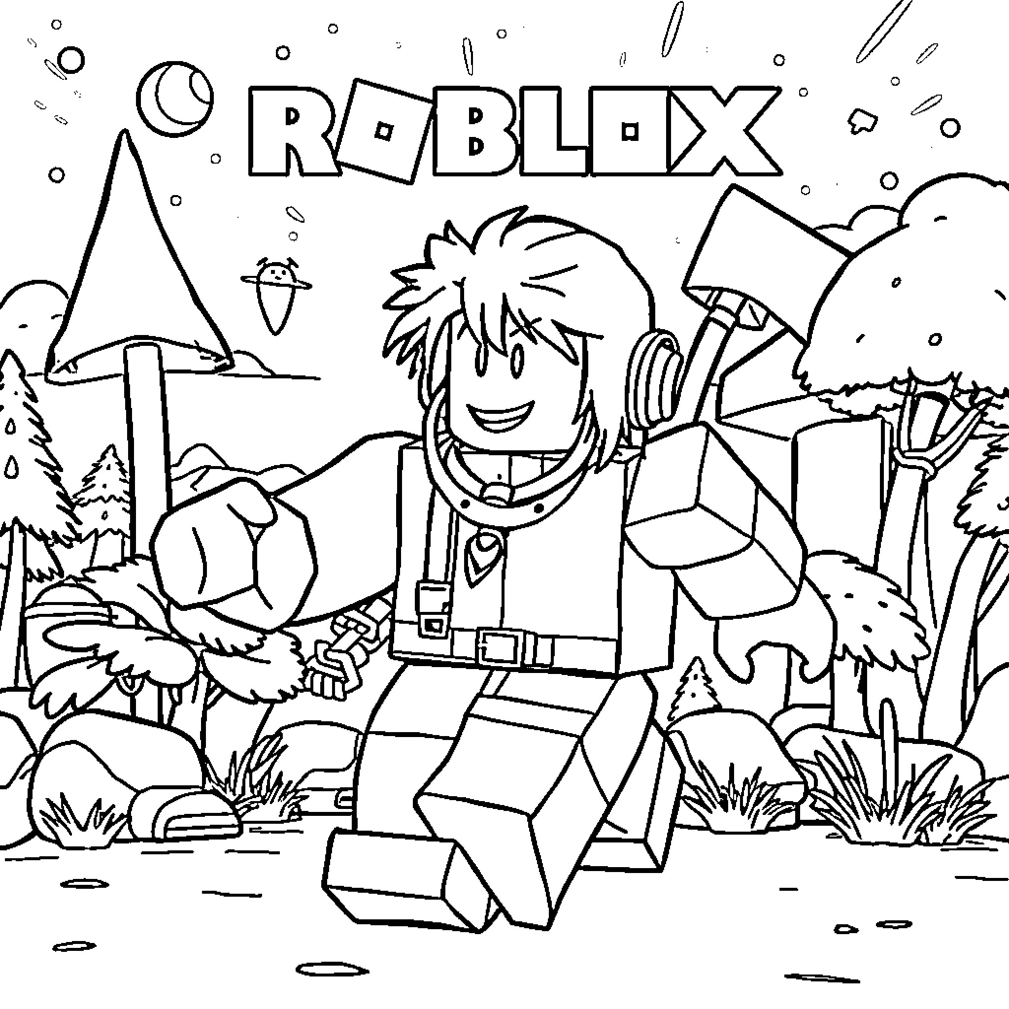 Roblox character in adventurous outdoor scene Coloring Page (free black-and-white line drawing printable PDF for all, from beginners to advanced learners, including children, teens, adults, and seniors)
