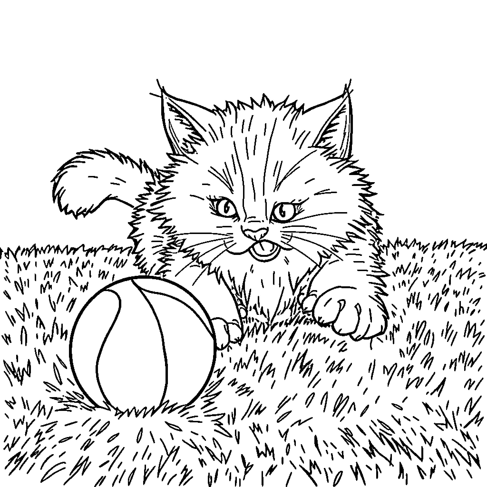 Cat with a Mischievous Expression in the Grass Coloring Page (free black-and-white line drawing printable PDF for all, from beginners to advanced learners, including children, teens, adults, and seniors)