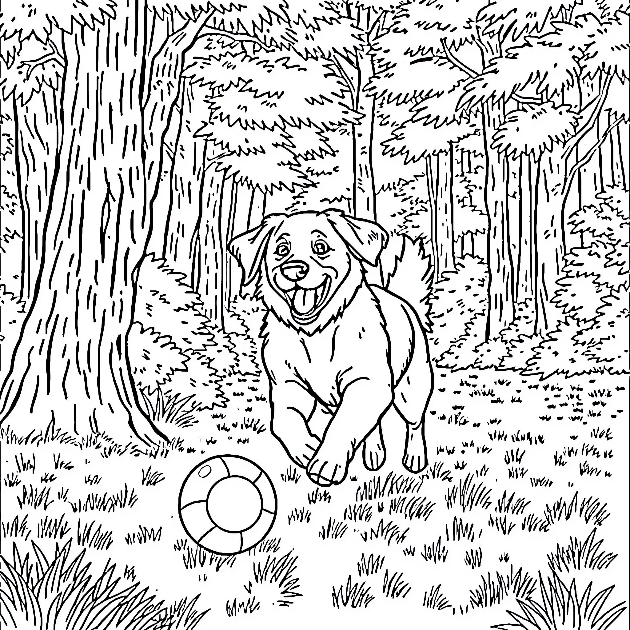 Retriever playing joyfully in the woodland Coloring Page (free black-and-white line drawing printable PDF for all, from beginners to advanced learners, including children, teens, adults, and seniors)