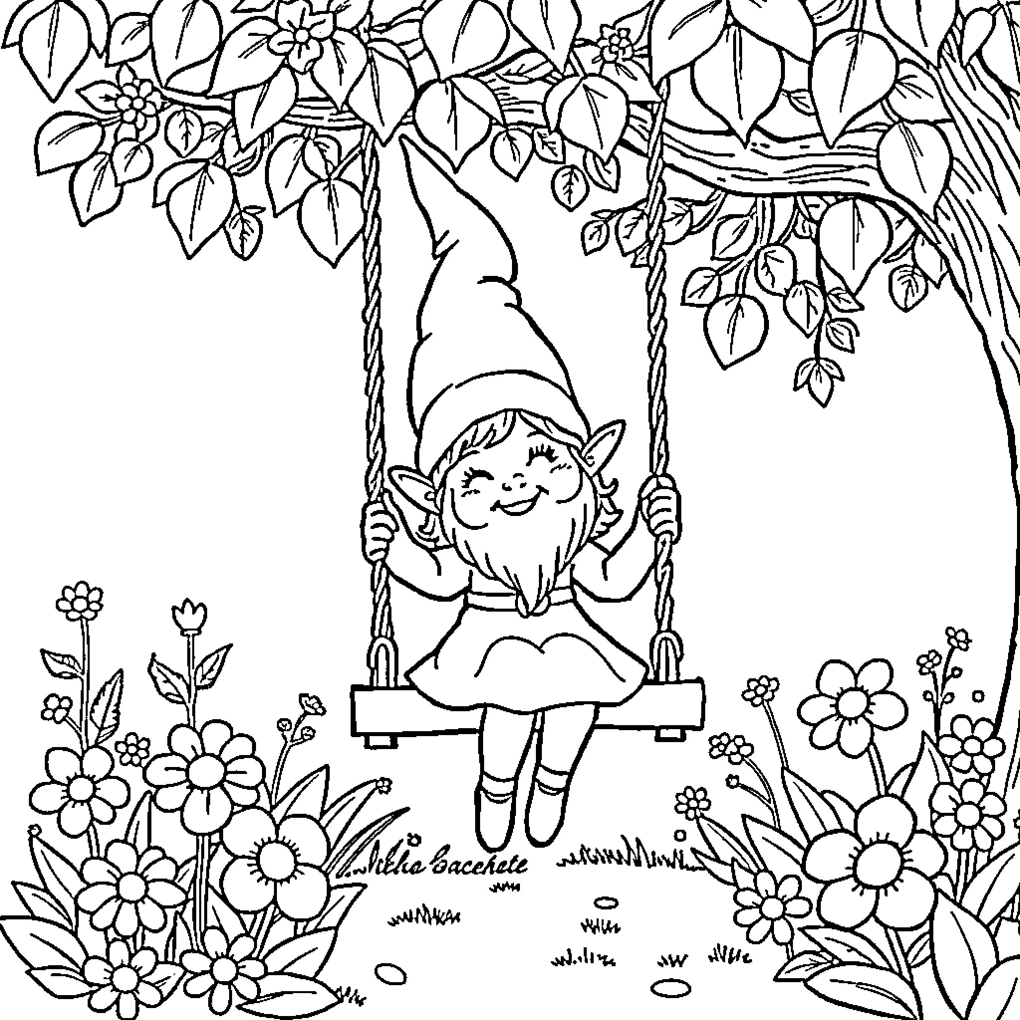 Gnome enjoying a swing in a floral garden Coloring Page (free black-and-white line drawing printable PDF for all, from beginners to advanced learners, including children, teens, adults, and seniors)