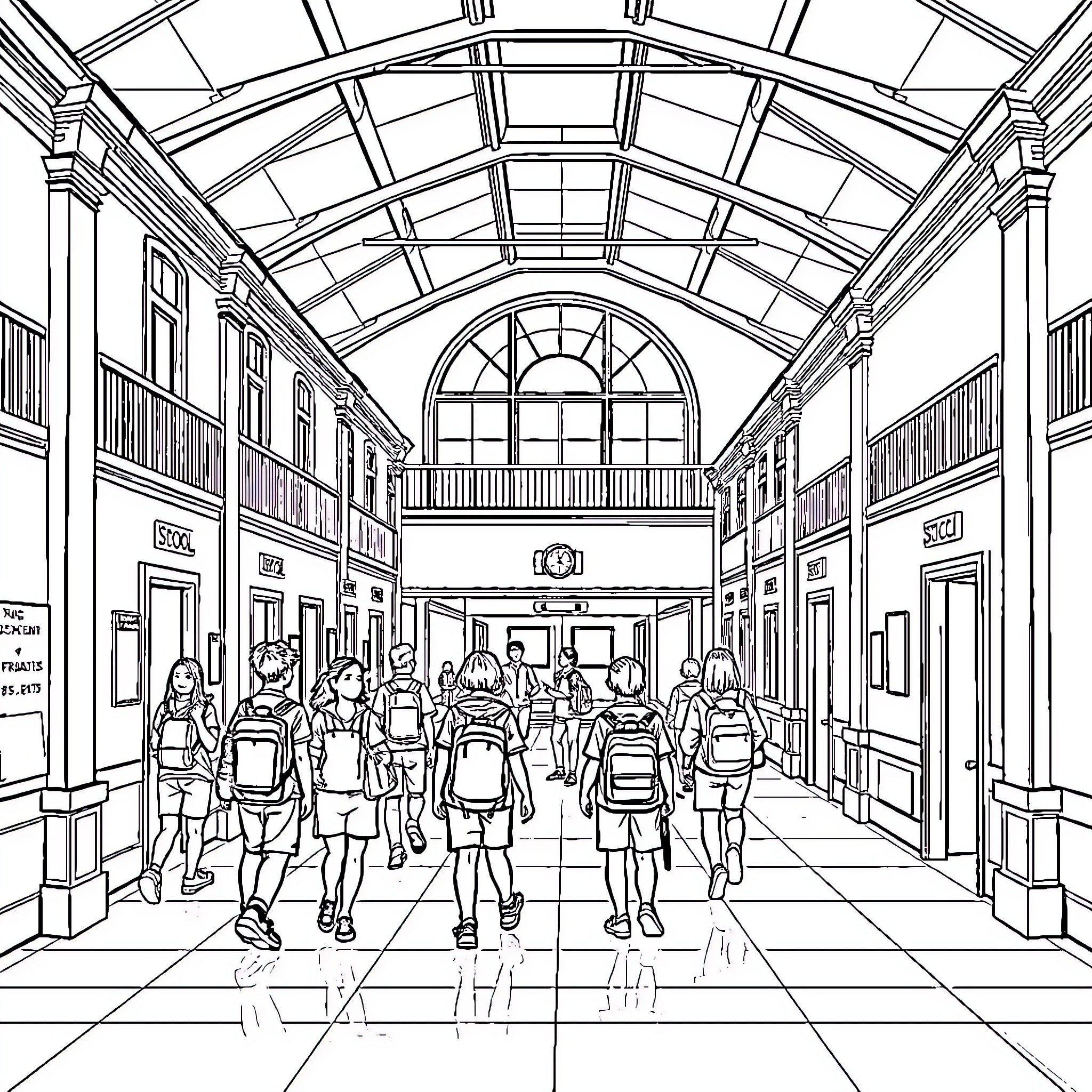 School Students Gathering in Hallway Coloring Page (free black-and-white line drawing printable PDF for all, from beginners to advanced learners, including children, teens, adults, and seniors)