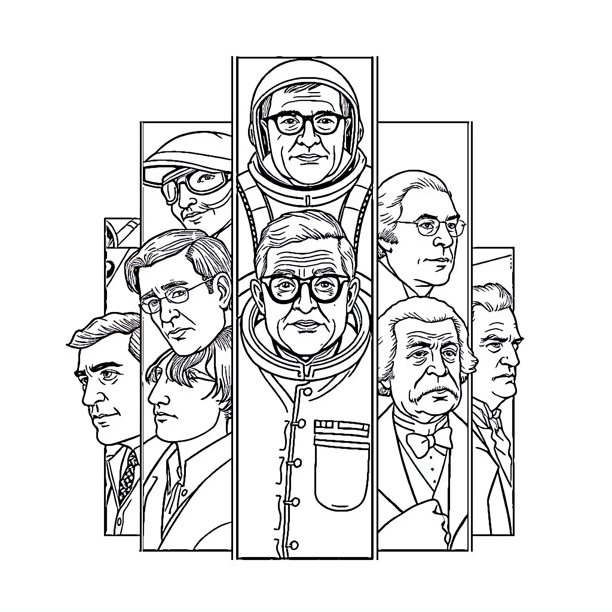 American Icon: Portraits of Influential Figures Coloring Page (free black-and-white line drawing printable PDF for all, from beginners to advanced learners, including children, teens, adults, and seniors)