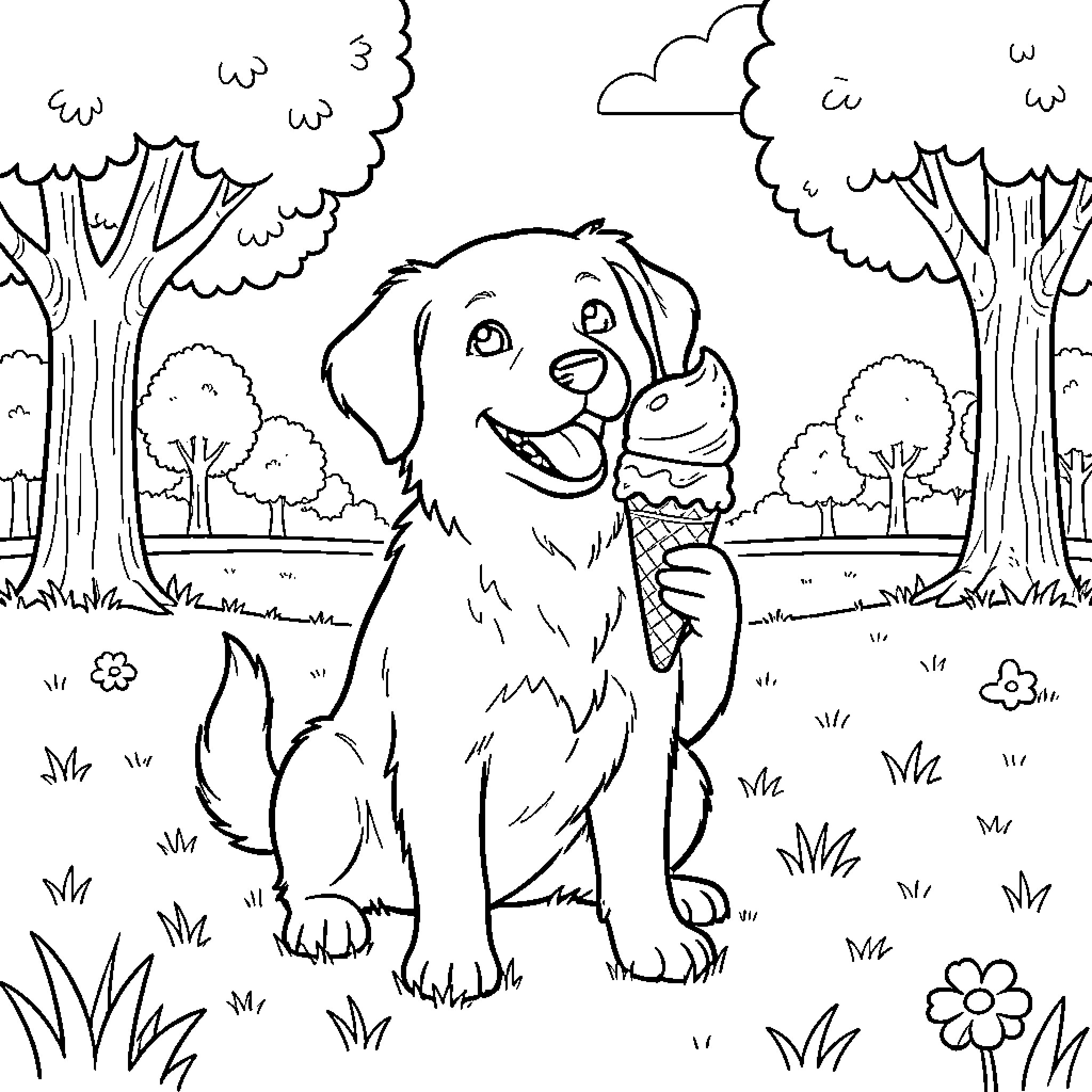 Dog enjoying an ice cream in the park Coloring Page (free black-and-white line drawing printable PDF for all, from beginners to advanced learners, including children, teens, adults, and seniors)