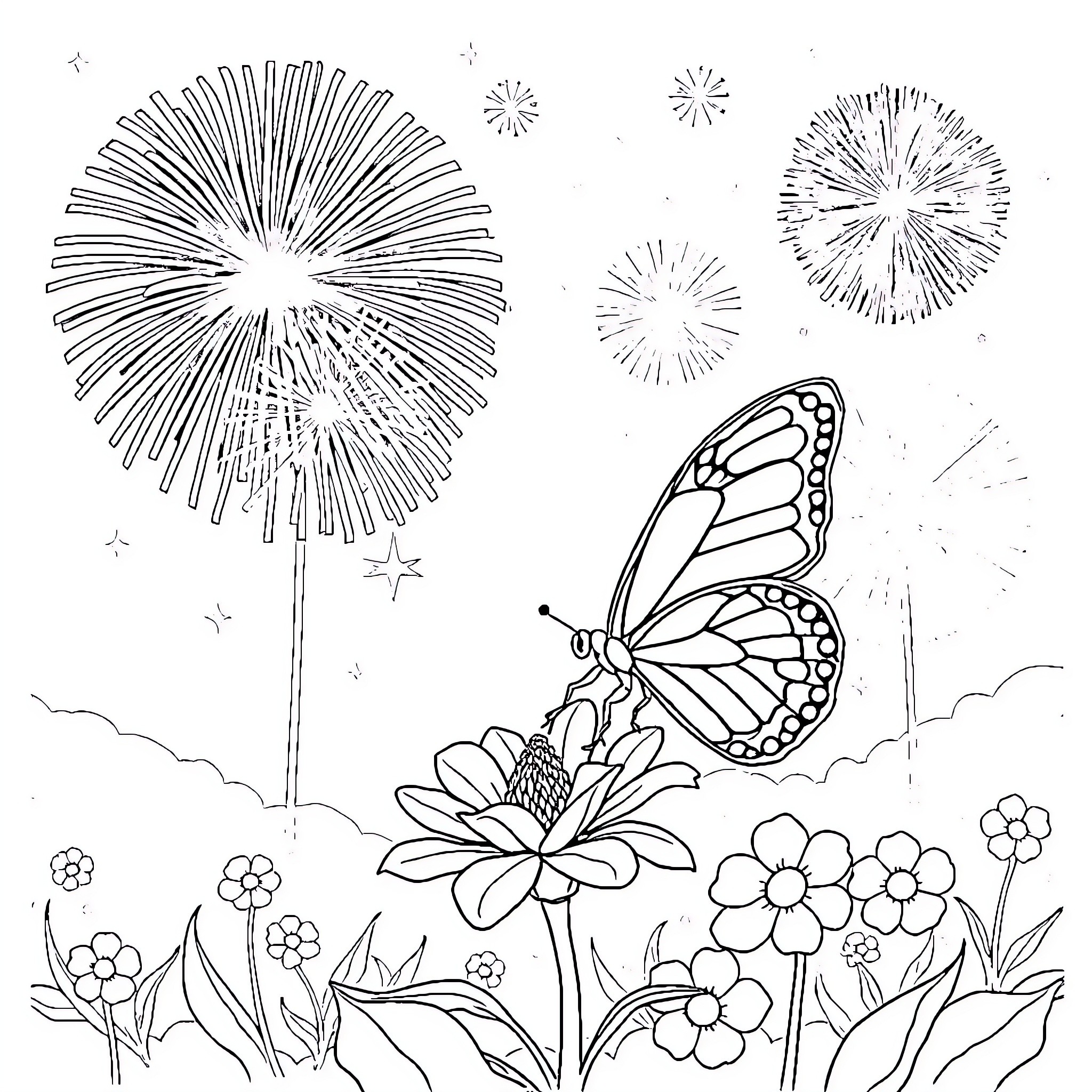 Butterfly enjoying a fireworks display in a flower garden Coloring Page (free black-and-white line drawing printable PDF for all, from beginners to advanced learners, including children, teens, adults, and seniors)