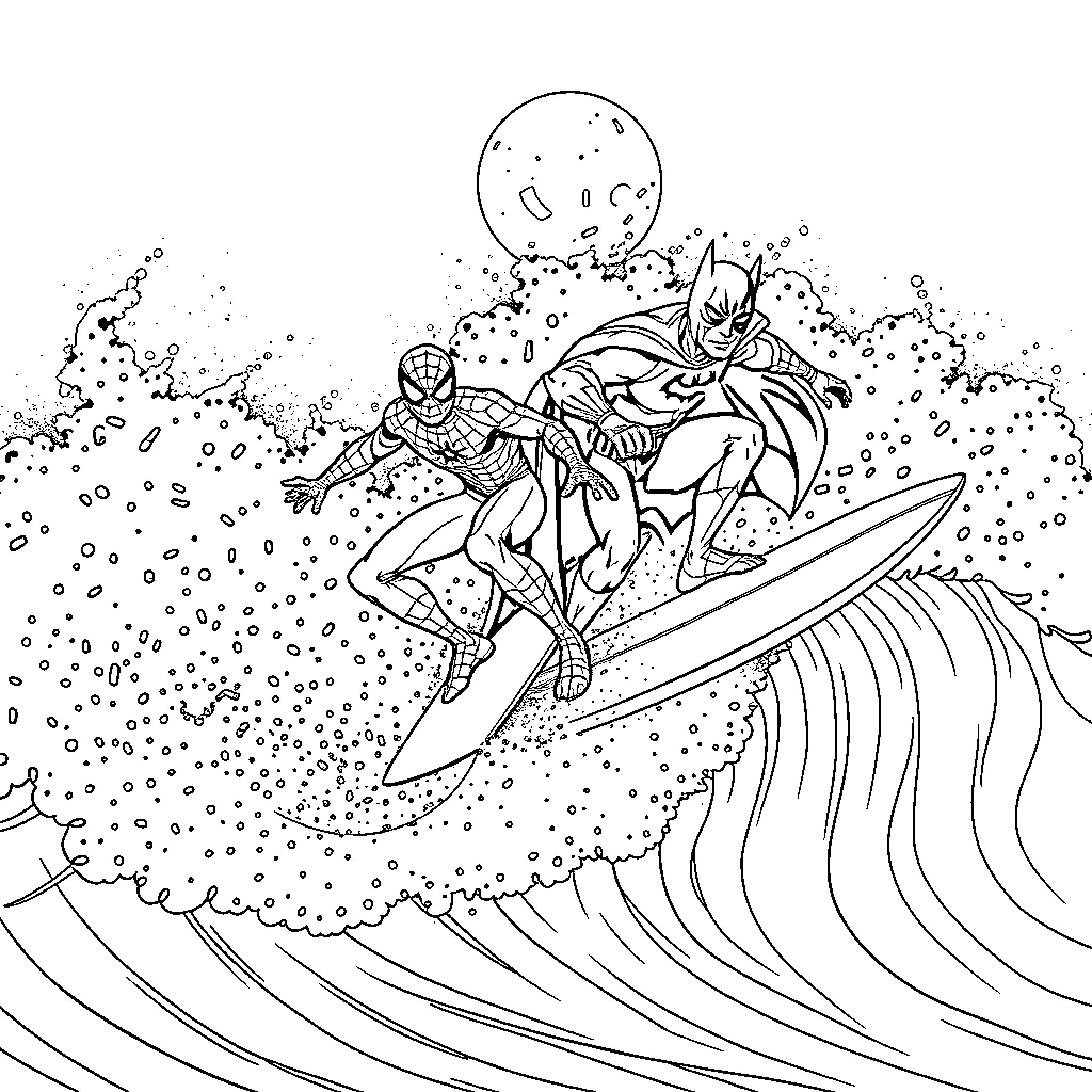 Spiderman and Batman surfing epic waves under the moon Coloring Page (free black-and-white line drawing printable PDF for all, from beginners to advanced learners, including children, teens, adults, and seniors)