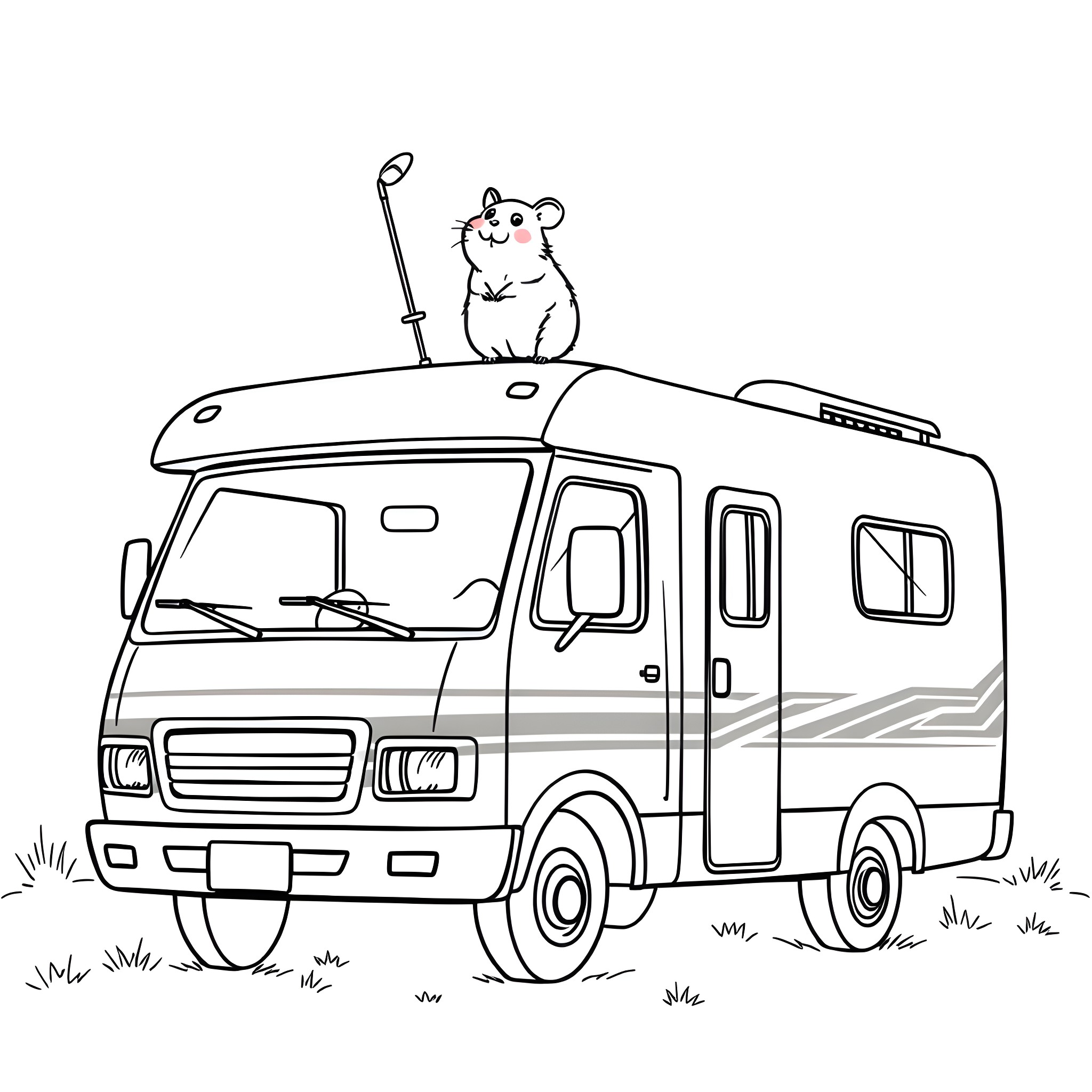 Hamster enjoying a scenic RV camping trip Coloring Page (free black-and-white line drawing printable PDF for all, from beginners to advanced learners, including children, teens, adults, and seniors)