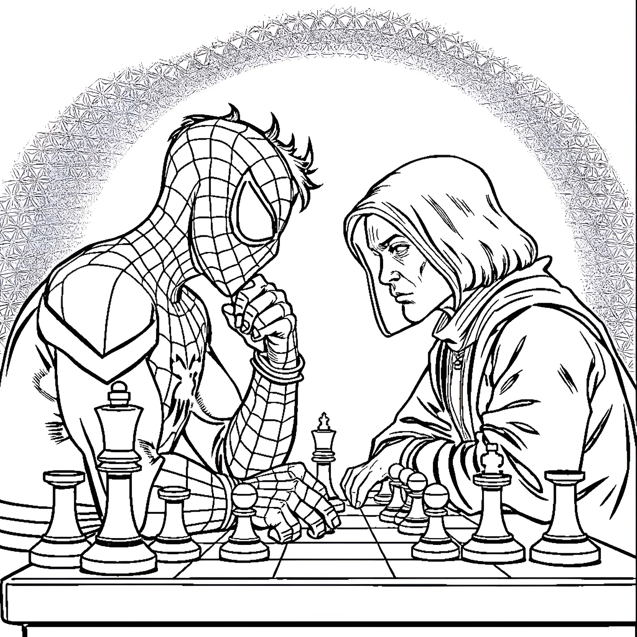 Spiderman in a chess match against a hooded figure Coloring Page (free black-and-white line drawing printable PDF for all, from beginners to advanced learners, including children, teens, adults, and seniors)
