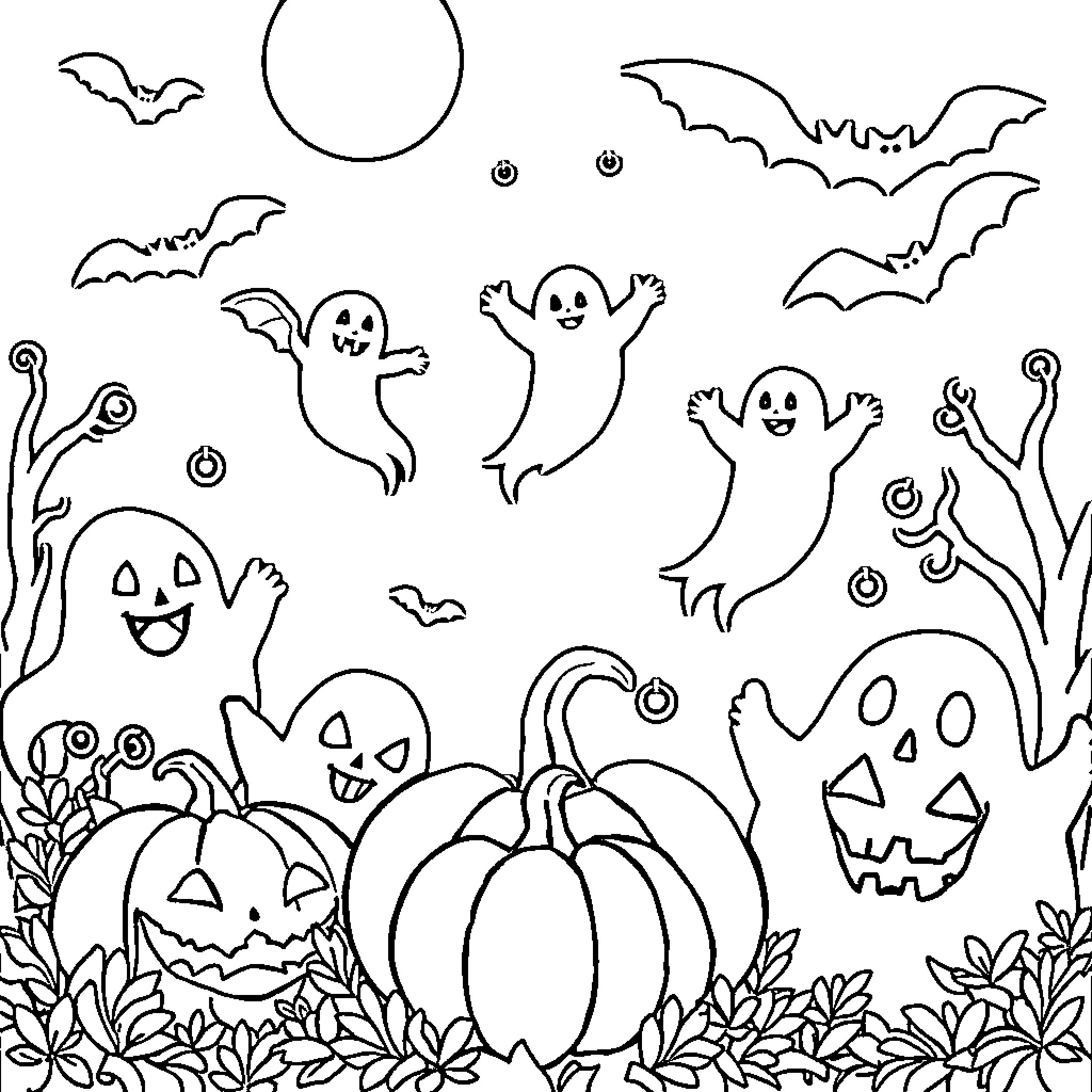 Halloween scene with playful ghosts and jack-o'-lanterns Coloring Page (free black-and-white line drawing printable PDF for all, from beginners to advanced learners, including children, teens, adults, and seniors)