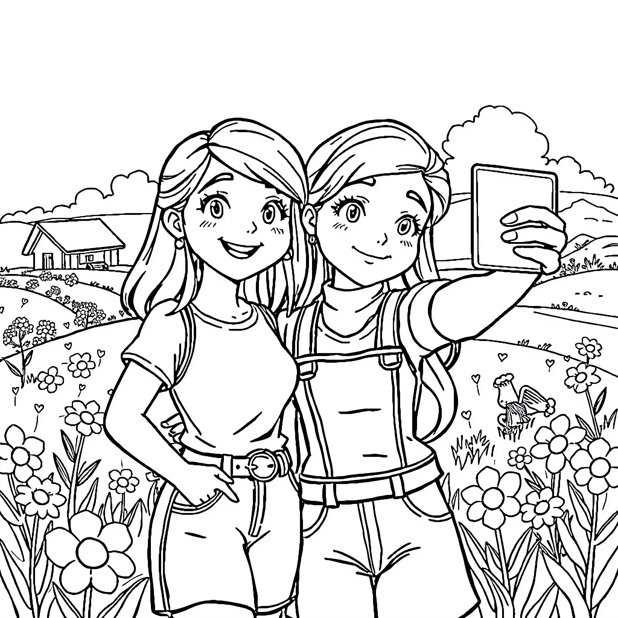 Haley and her friend taking a selfie in a nature scene Coloring Page (free black-and-white line drawing printable PDF for all, from beginners to advanced learners, including children, teens, adults, and seniors)