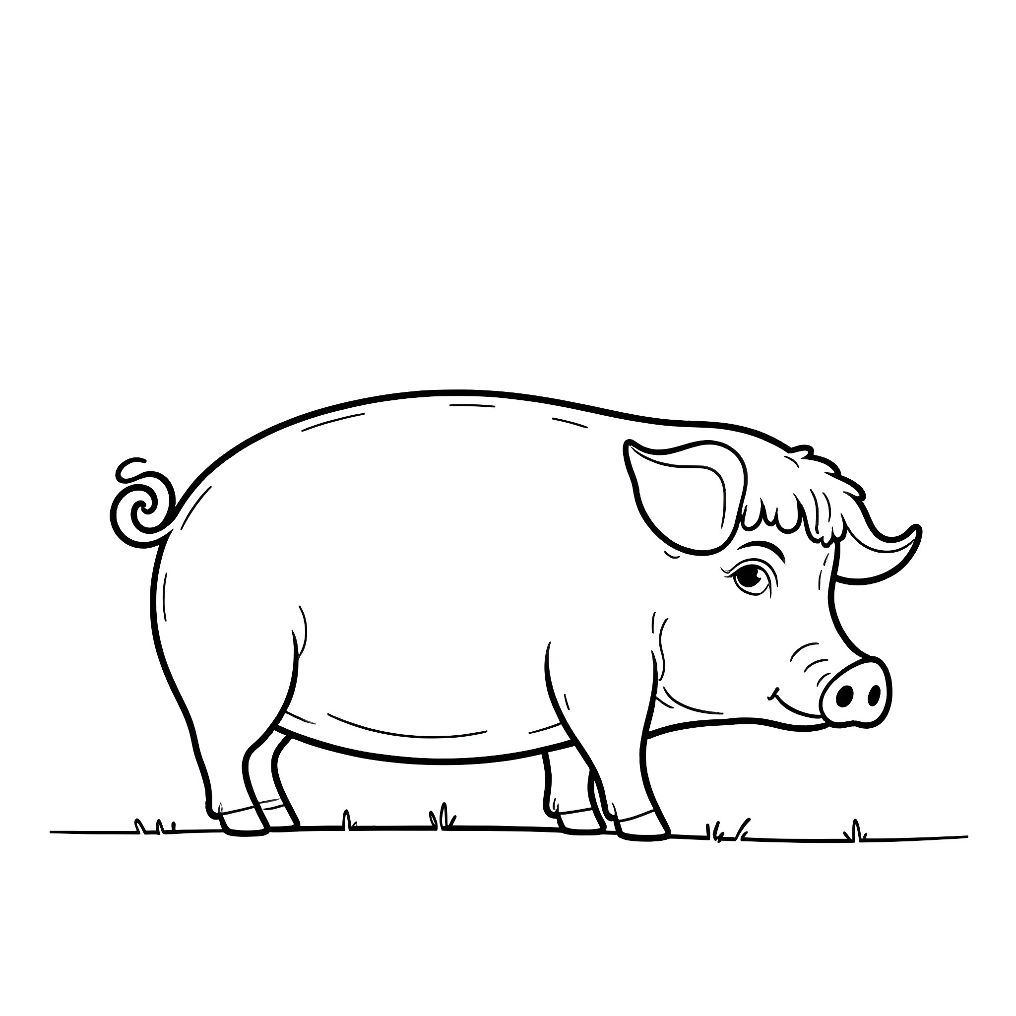 Pig standing in the field Coloring Page (free black-and-white line drawing printable PDF for all, from beginners to advanced learners, including children, teens, adults, and seniors)
