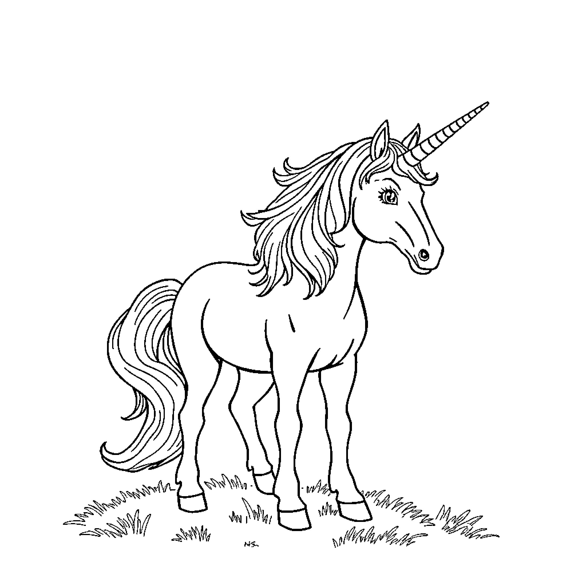 Unicorn standing majestically in the field Coloring Page (free black-and-white line drawing printable PDF for all, from beginners to advanced learners, including children, teens, adults, and seniors)