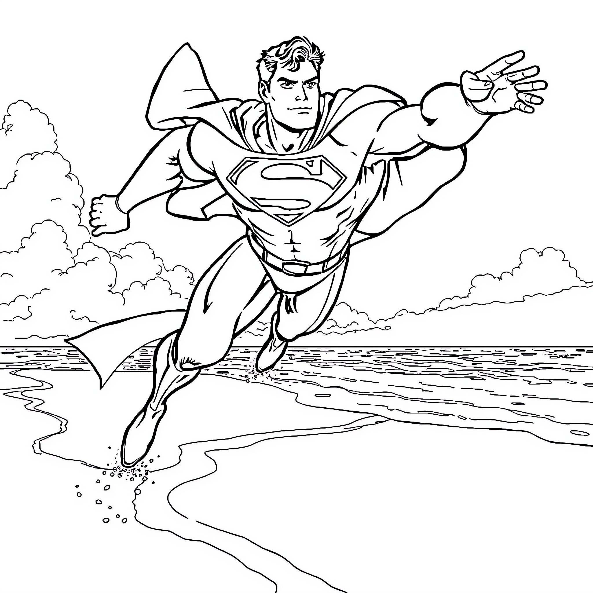 Superman flying swiftly through the sky Coloring Page (free black-and-white line drawing printable PDF for all, from beginners to advanced learners, including children, teens, adults, and seniors)