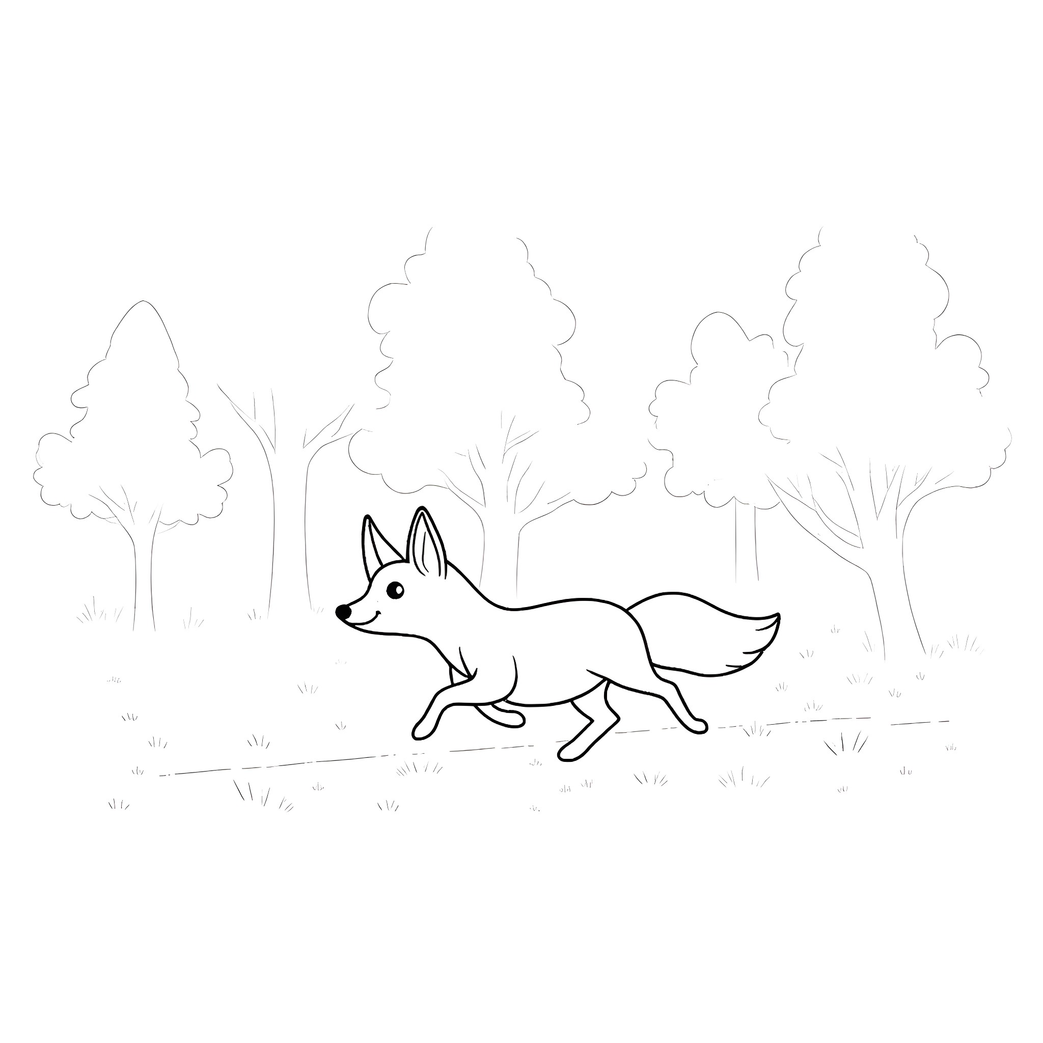 Fox running through the forest Coloring Page (free black-and-white line drawing printable PDF for all, from beginners to advanced learners, including children, teens, adults, and seniors)