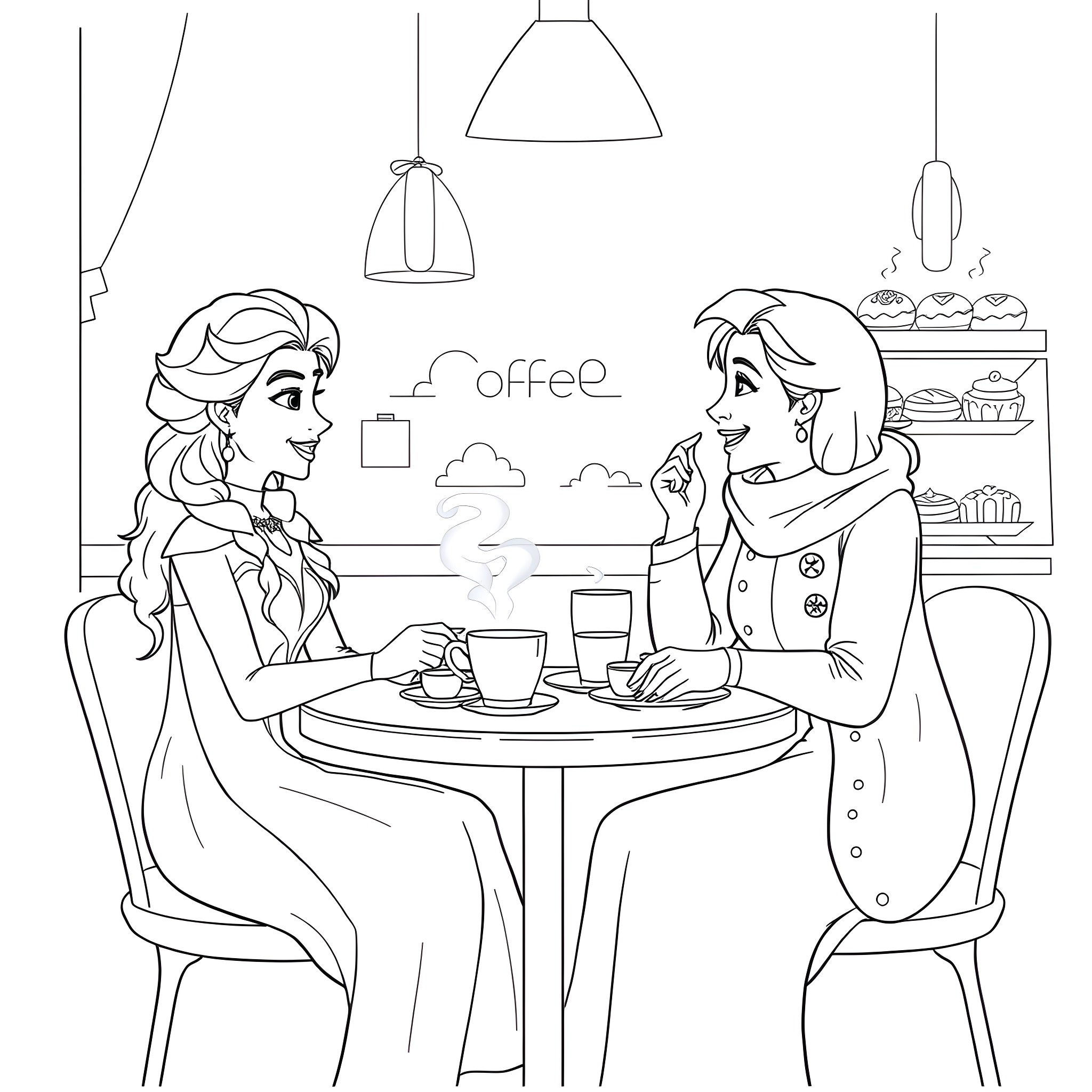 Princess Enjoying Coffee with a Friend Coloring Page (free black-and-white line drawing printable PDF for all, from beginners to advanced learners, including children, teens, adults, and seniors)