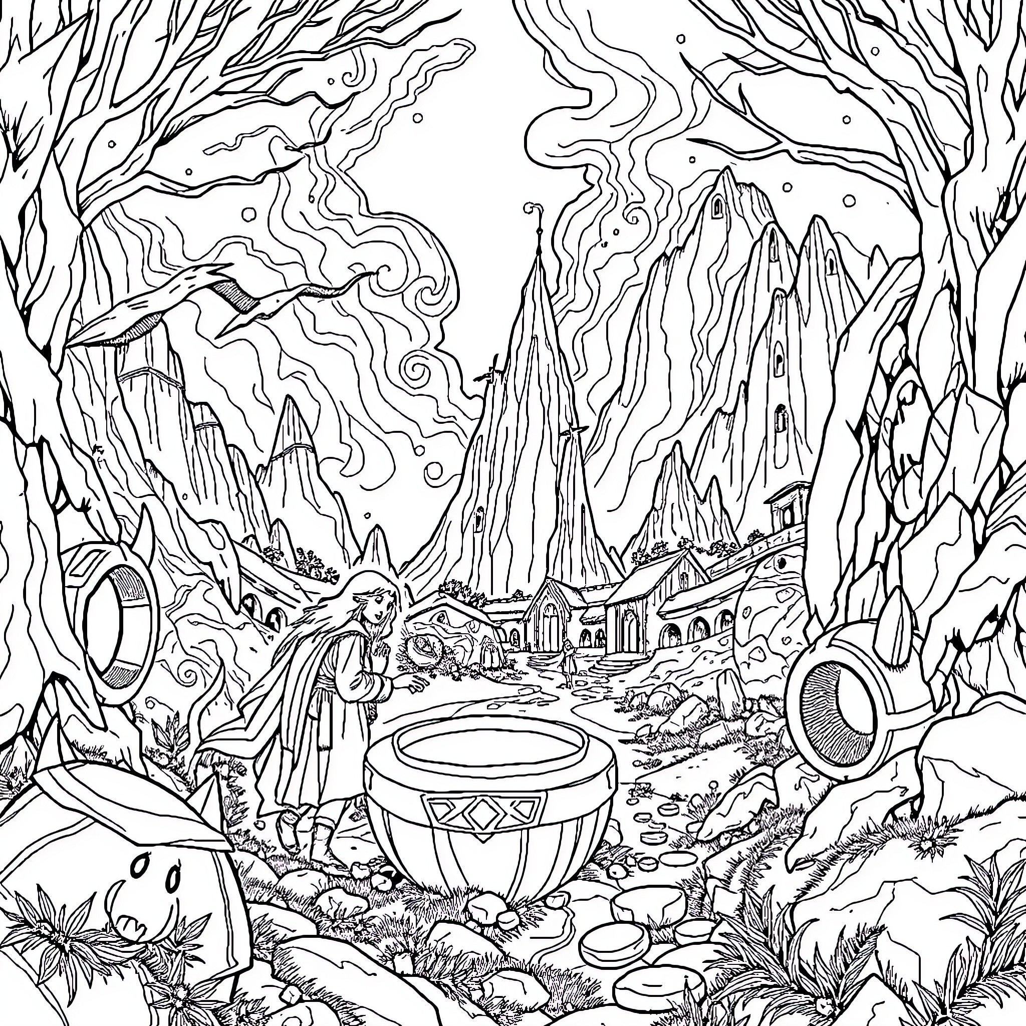 Lord of the Rings: Magical Landscape with Mysterious Structures Coloring Page (free black-and-white line drawing printable PDF for all, from beginners to advanced learners, including children, teens, adults, and seniors)