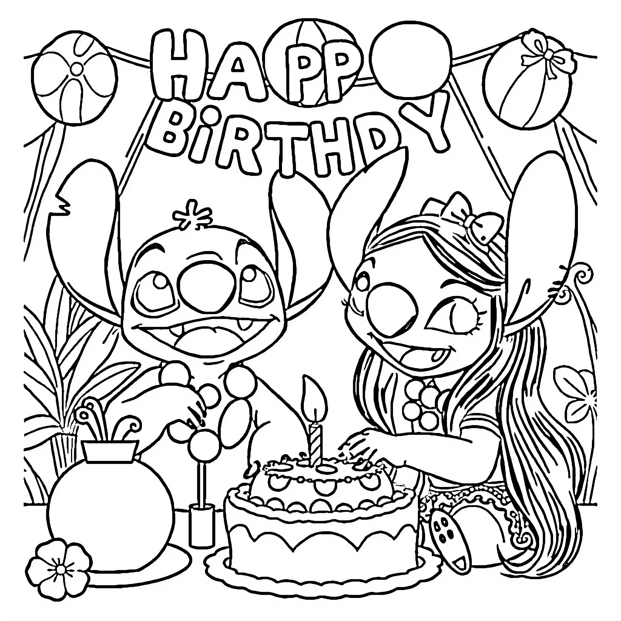 Lilo and Stitch's Happy Birthday Celebration Coloring Page (free black-and-white line drawing printable PDF for all, from beginners to advanced learners, including children, teens, adults, and seniors)