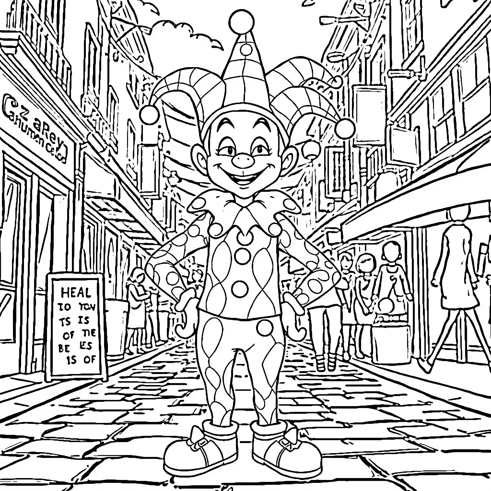 Hisoka's Playful Circus Adventure Coloring Page (free black-and-white line drawing printable PDF for all, from beginners to advanced learners, including children, teens, adults, and seniors)