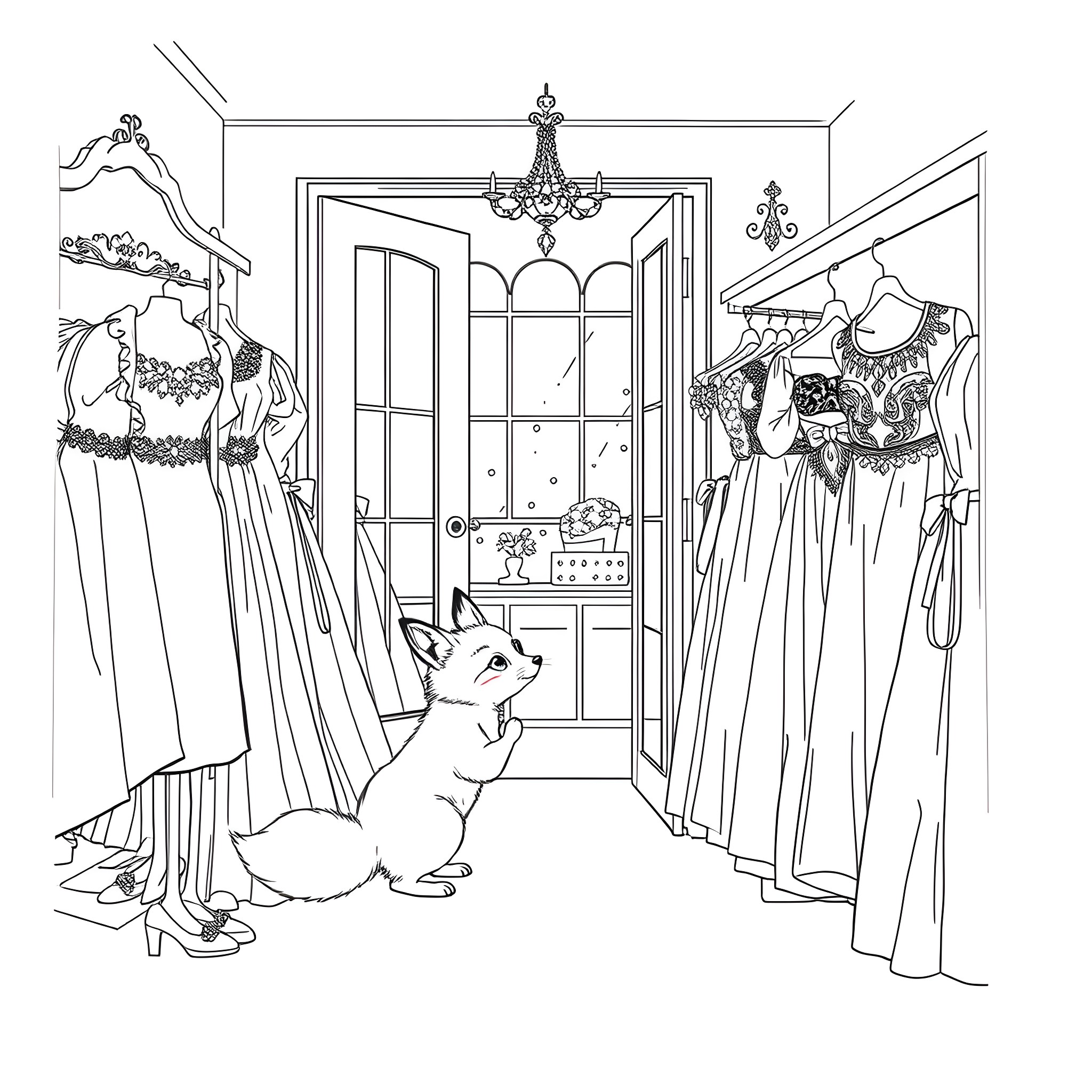 Fox in a fancy dress shop with ornate decor Coloring Page (free black-and-white line drawing printable PDF for all, from beginners to advanced learners, including children, teens, adults, and seniors)