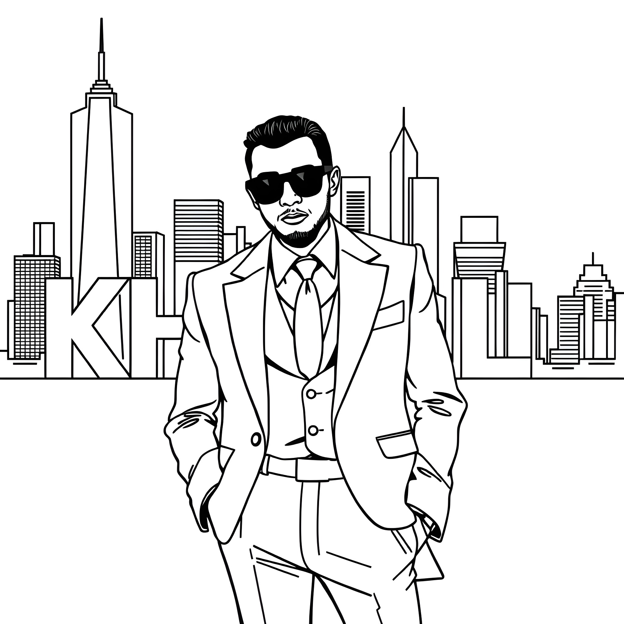 Khalil, the Confident City Businessman Coloring Page (free black-and-white line drawing printable PDF for all, from beginners to advanced learners, including children, teens, adults, and seniors)