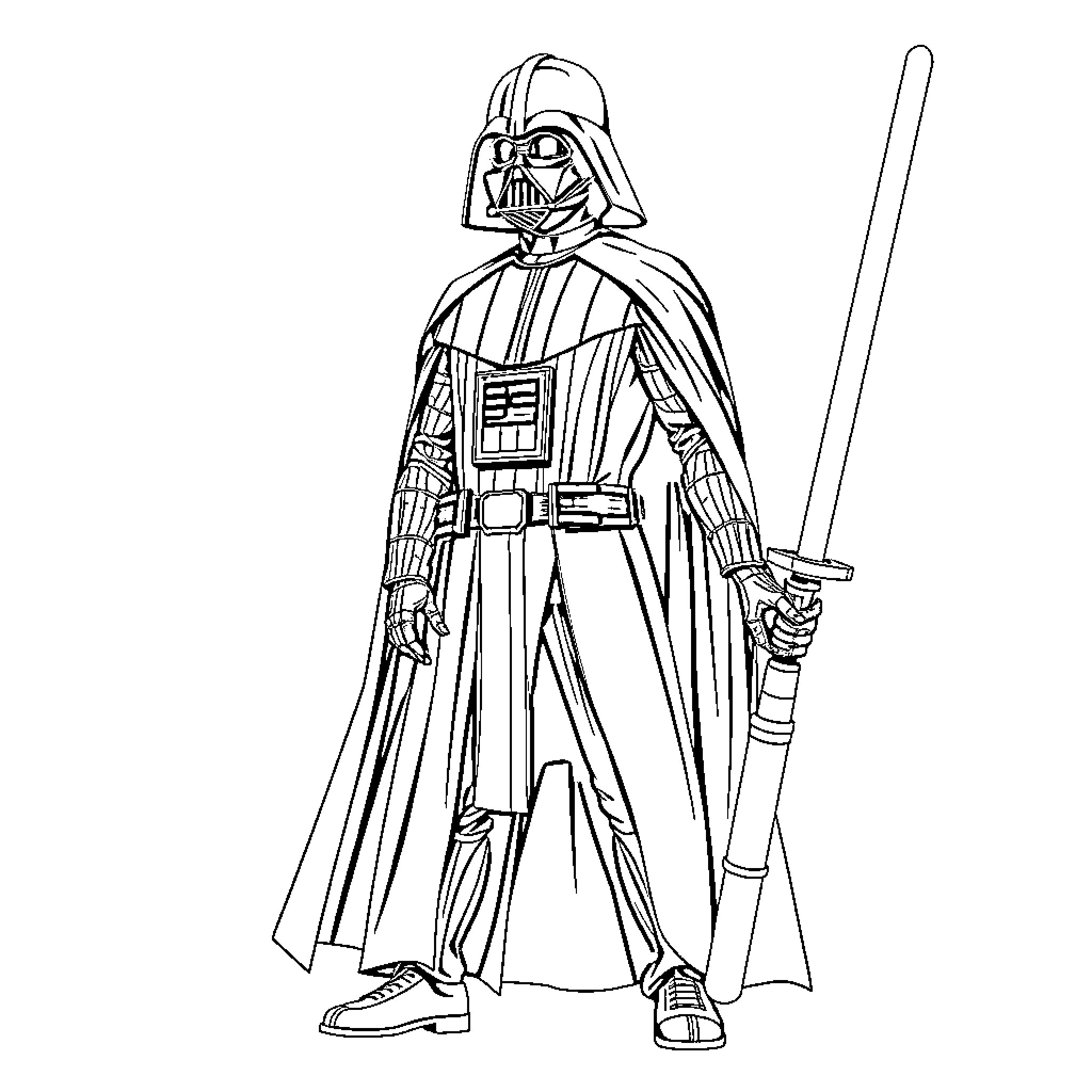 Darth Vader wielding his lightsaber in iconic pose Coloring Page (free black-and-white line drawing printable PDF for all, from beginners to advanced learners, including children, teens, adults, and seniors)