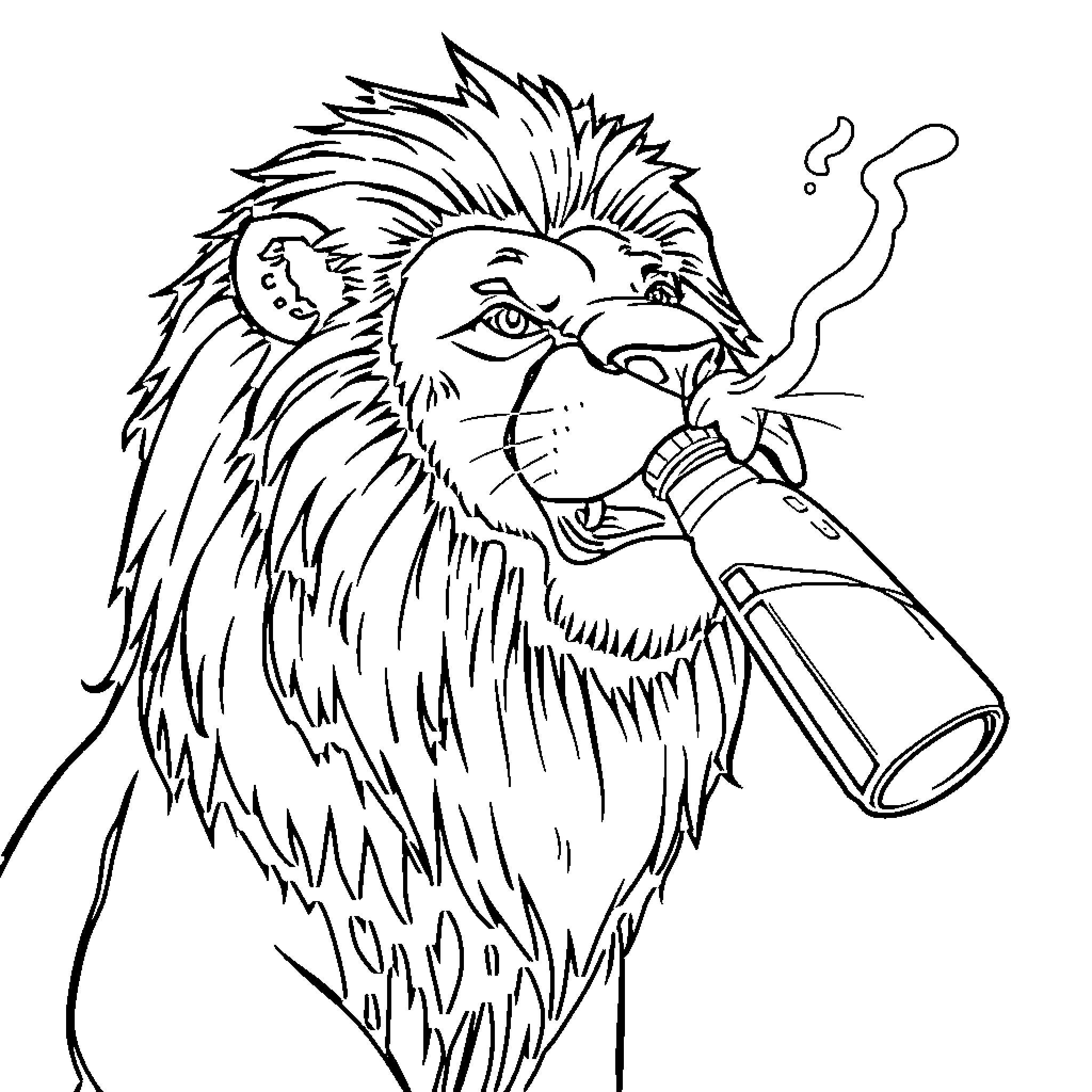 Lion Smoking a Cigar in an Artistic Style Coloring Page (free black-and-white line drawing printable PDF for all, from beginners to advanced learners, including children, teens, adults, and seniors)